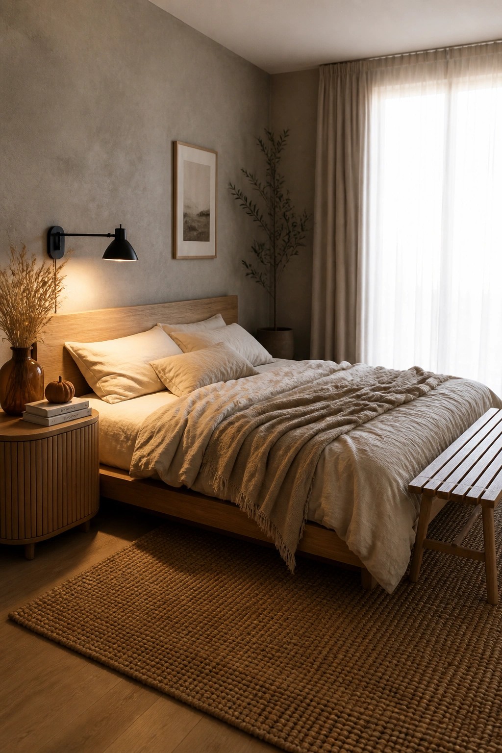 A bedroom featuring a light wood bed with rumpled neutral linen bedding, a round wood nightstand, a woven brown rug, and a black wall-mounted lamp.