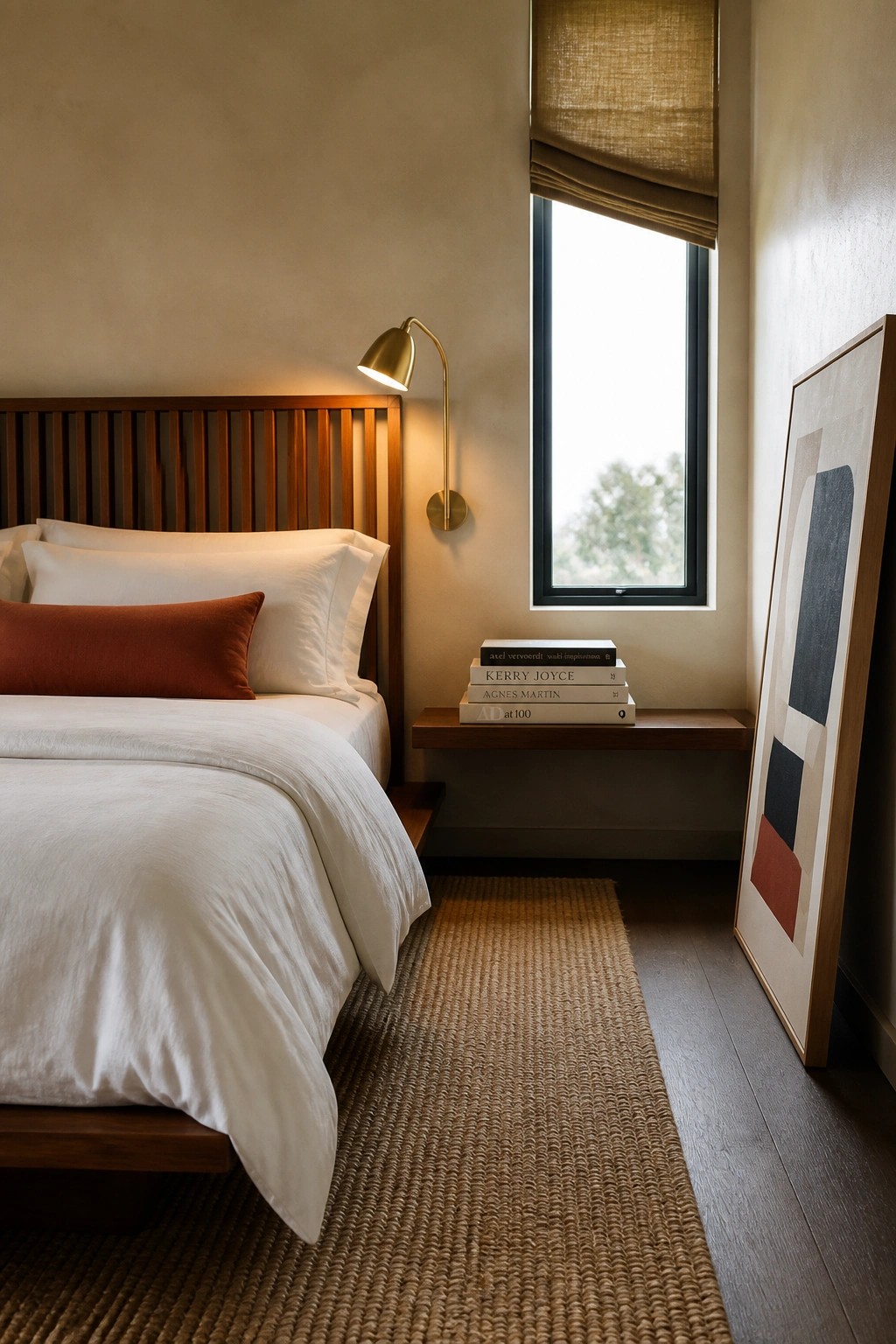 A bedroom interior showing a wooden platform bed with white linens, a brass wall sconce, a floating wooden shelf with stacked books beneath a window, a woven rug, and a large abstract artwork leaning against the wall.