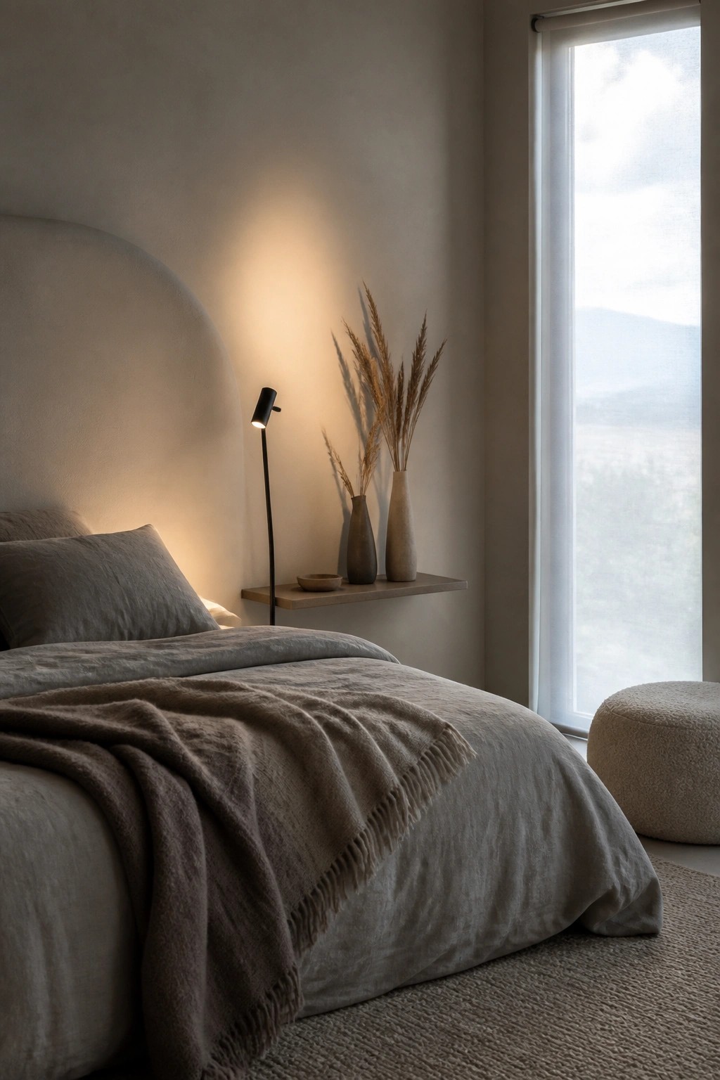 A minimalist bedroom with a bed dressed in neutral linens, a floating shelf holding two vases of dried grasses, a floor lamp, and a large window on the right.