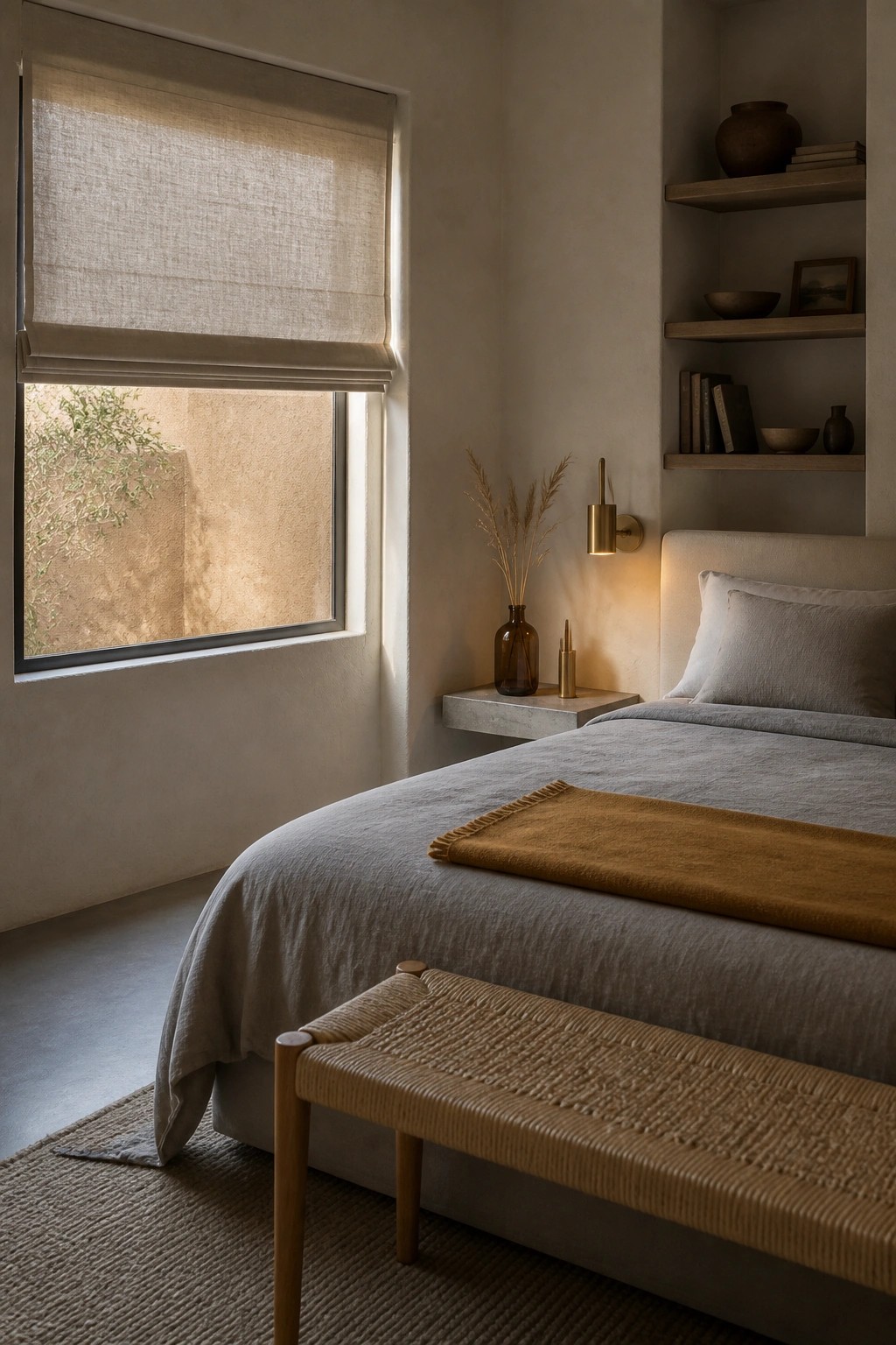 Minimalist bedroom with gray linen bed, woven bench, floating nightstand, and built-in shelves.