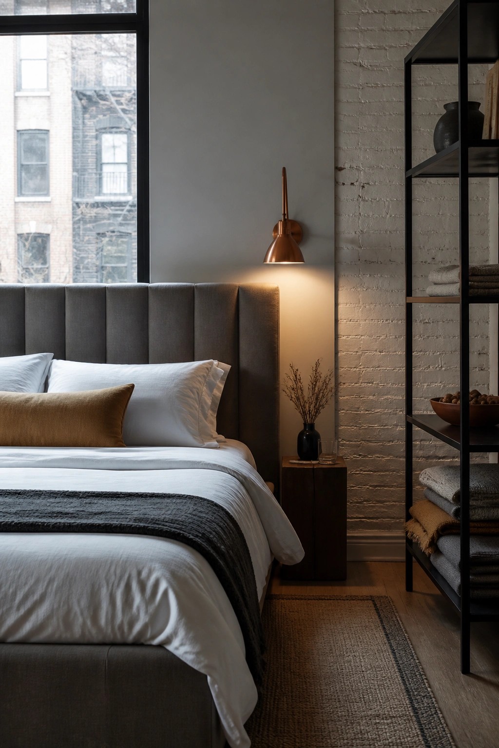 A modern bedroom with a gray upholstered headboard, white bedding, a copper wall sconce above a wooden nightstand, and a large window on the left.