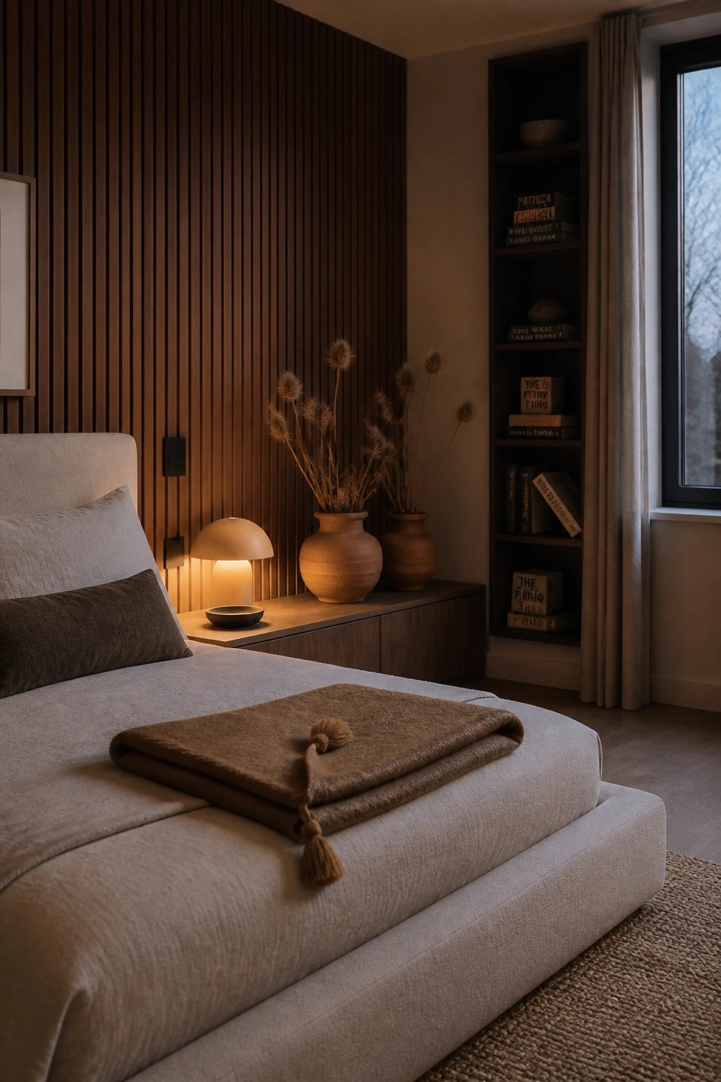 A bedroom with a low platform bed against a vertical wood slat wall, a small table lamp, two clay vases with dried stems, and built-in shelving holding books.