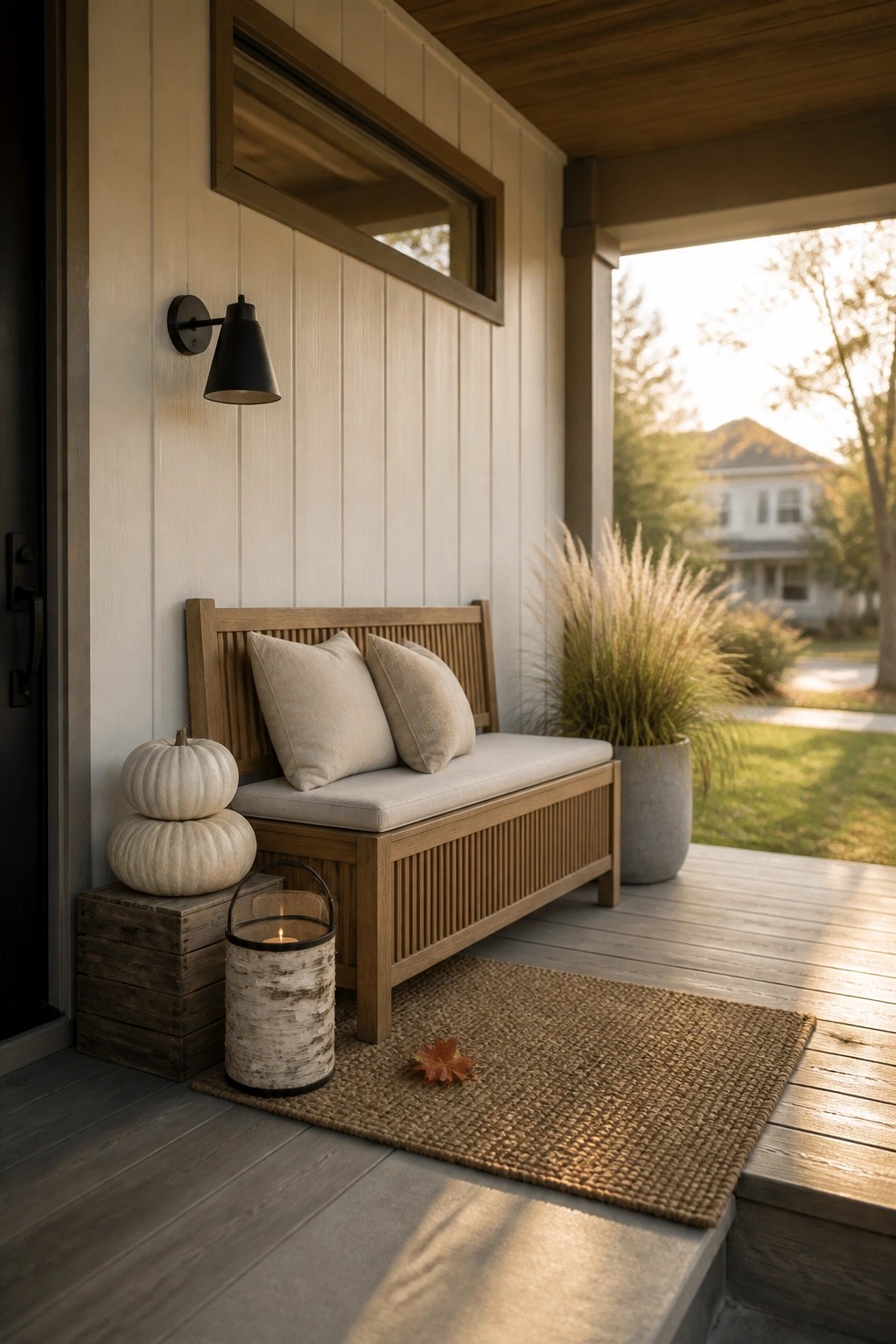 A wooden bench with neutral cushions sits on a porch next to a woven rug, a lit lantern, and stacked white pumpkins against a light wall.