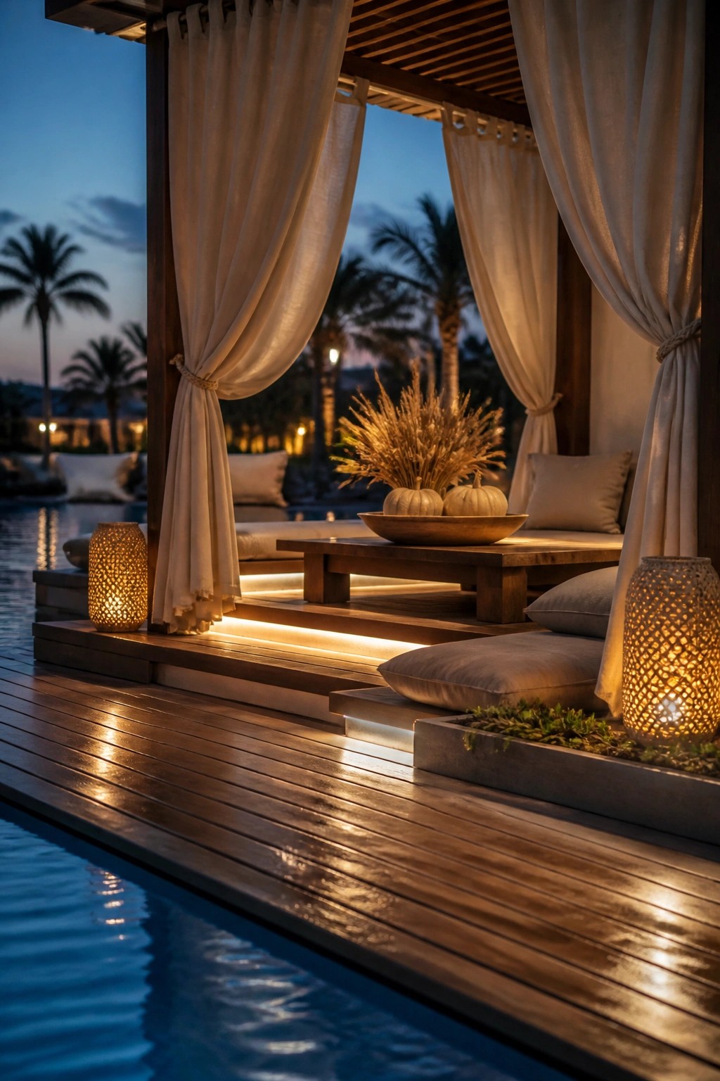 A wooden deck beside a pool at dusk with a cabana structure draped in tied-back white curtains, cushions, a low table, and glowing lanterns.