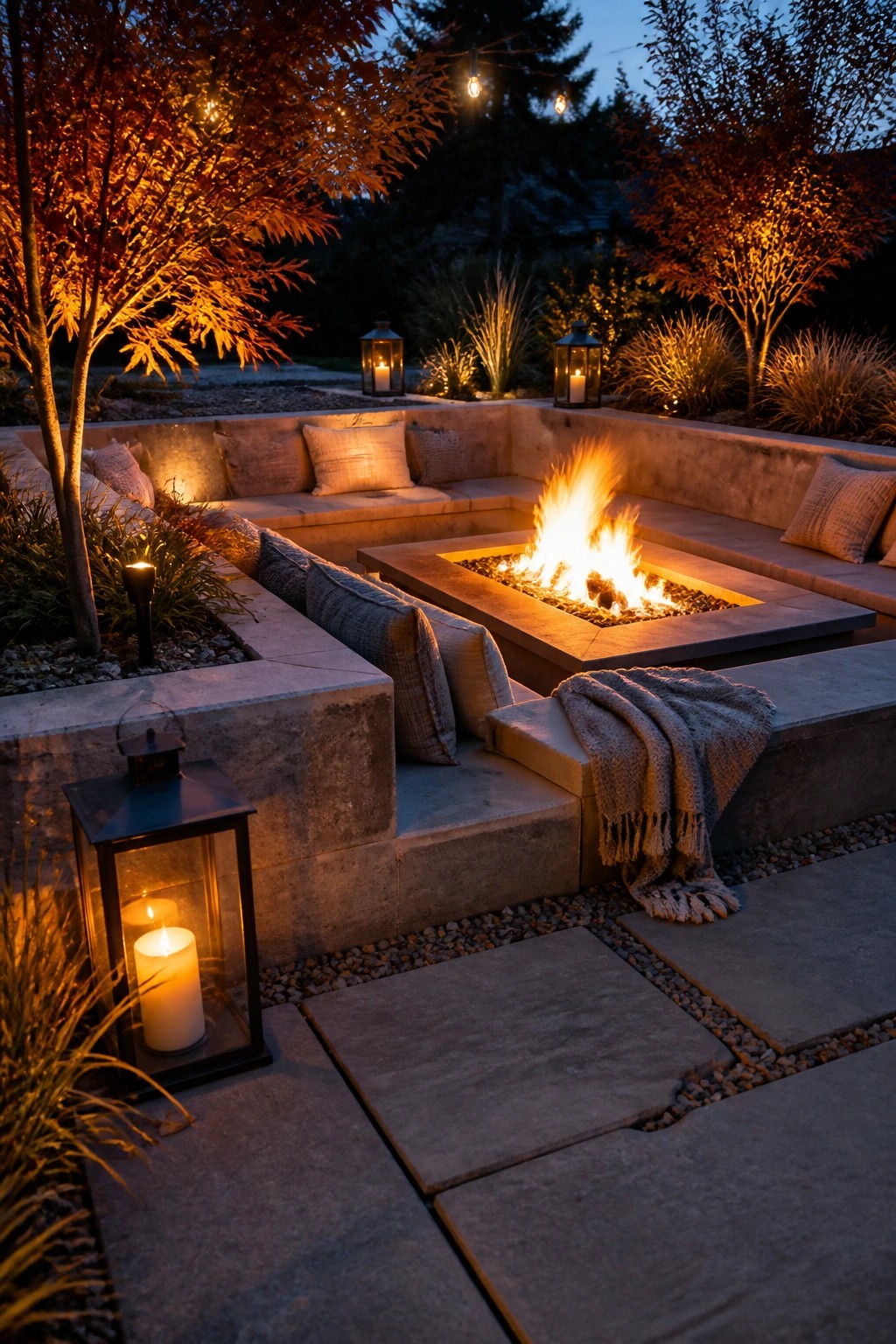 Outdoor fire pit set into a square concrete patio with built-in bench seating, neutral cushions, lanterns, and trees at dusk.