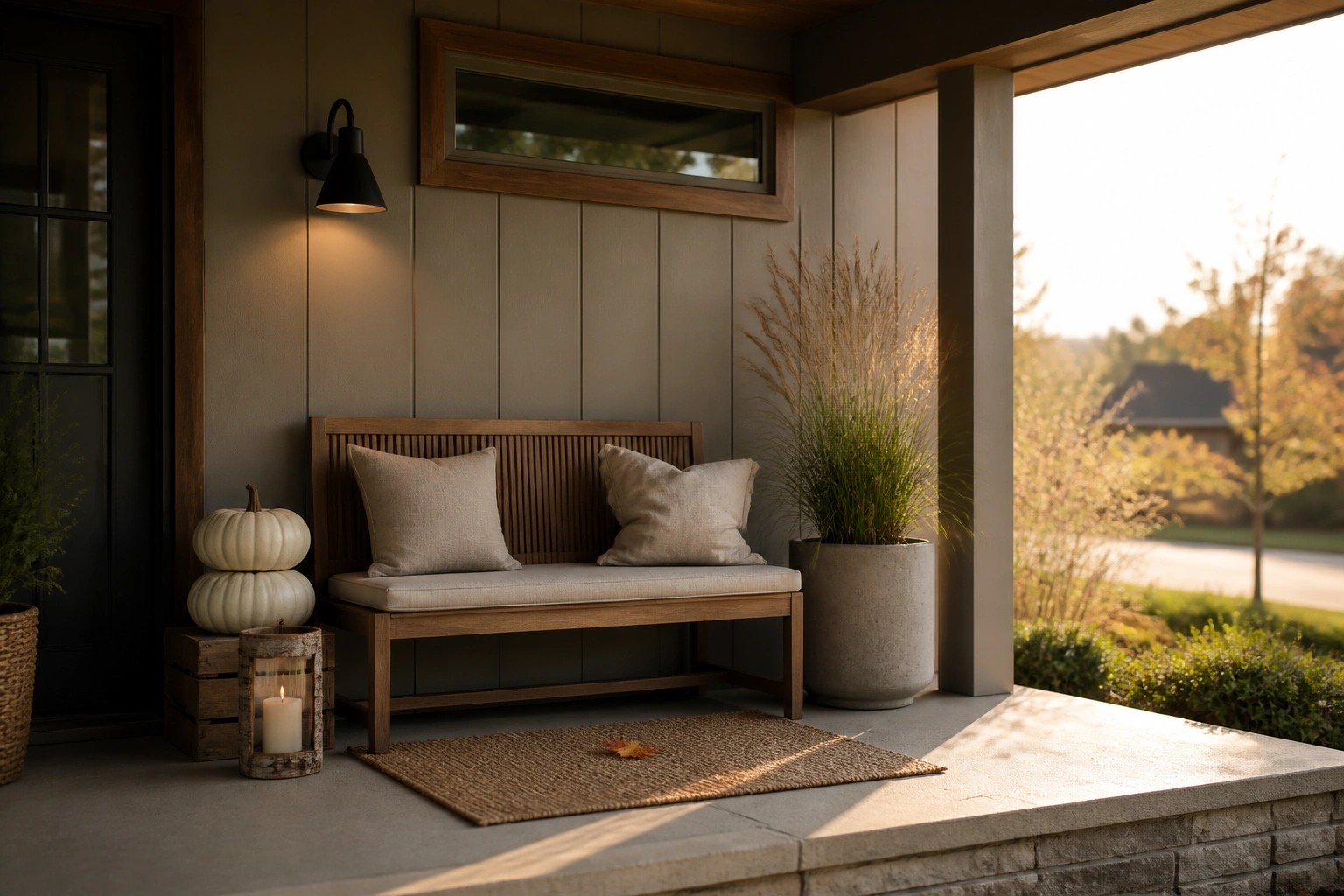 A wooden bench with neutral cushions sits on a porch next to a woven rug, a lit lantern, and stacked white pumpkins against a light wall.