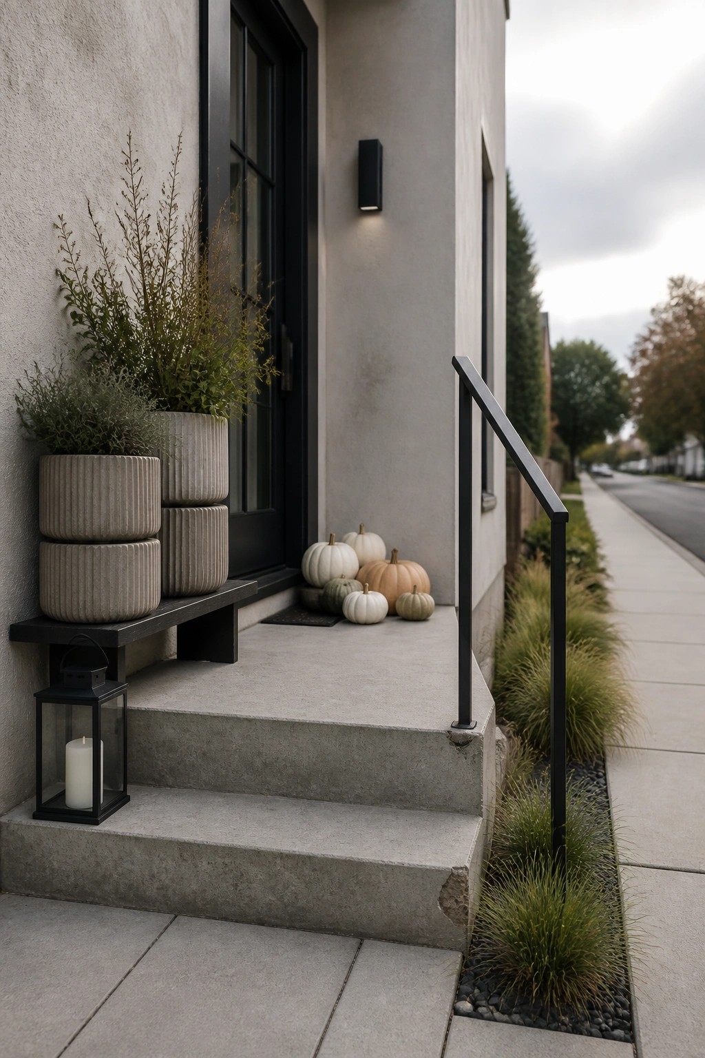 Modern house front entrance with gray concrete steps, black door and railing, stacked ribbed planters with greenery, a lit black lantern, and a small group of neutral pumpkins on the landing.