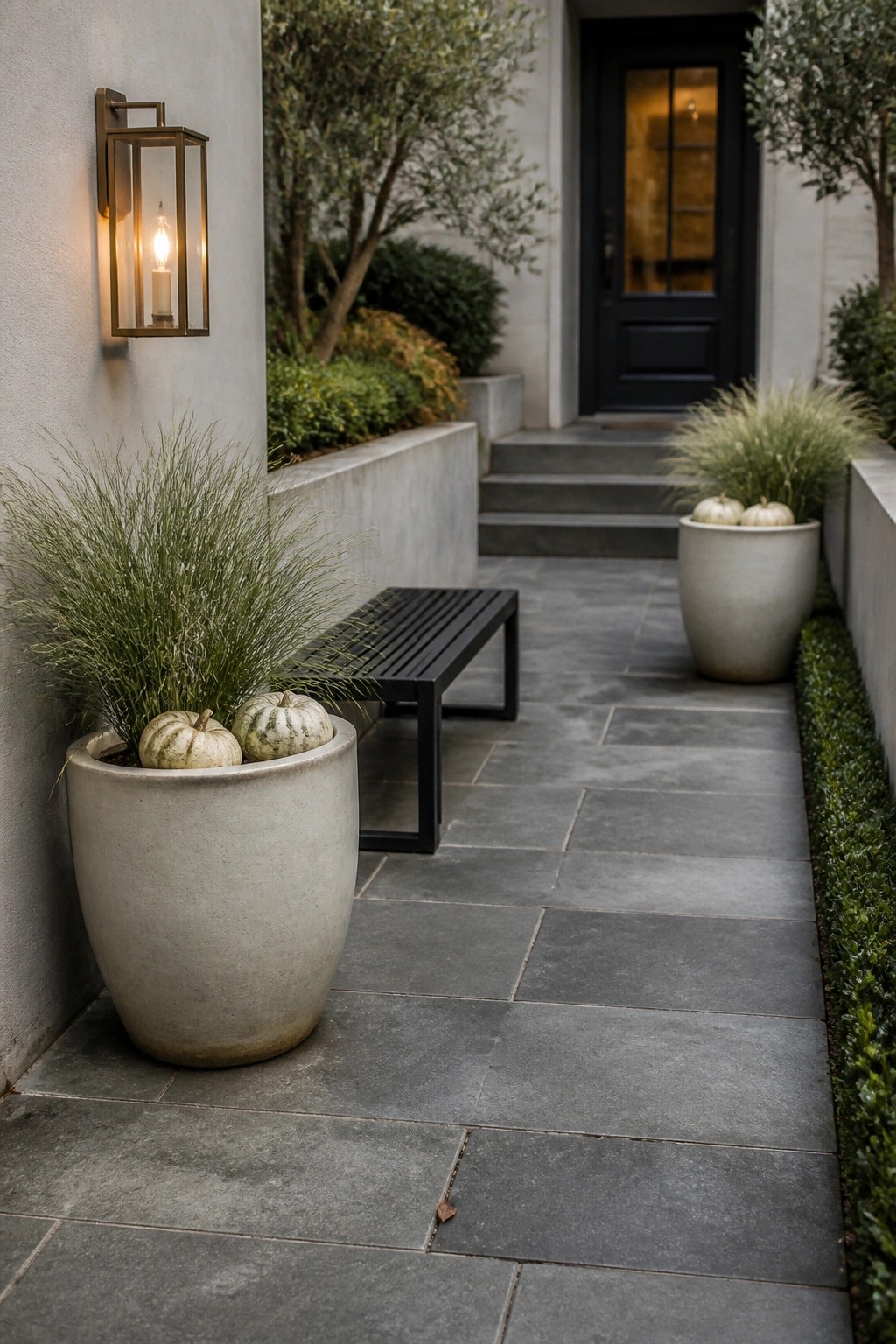 A stone paved walkway features a large concrete planter with ornamental grass and small pumpkins, a black bench, and a wall sconce, leading toward steps and a dark door.