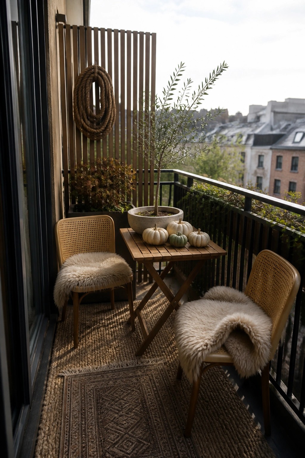 A small balcony with two cane chairs topped with beige sheepskin throws, a wooden table holding small pumpkins, potted plants, and layered woven rugs on the floor.