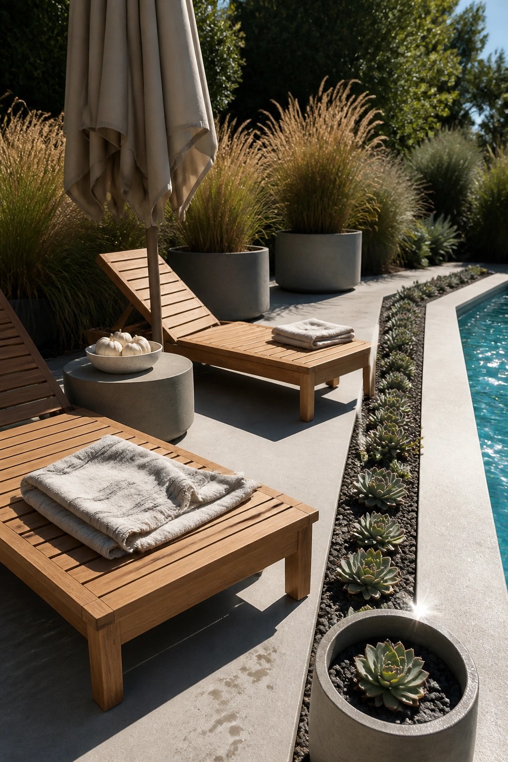 Wooden lounge chairs with towels beside a pool lined with succulents and grasses