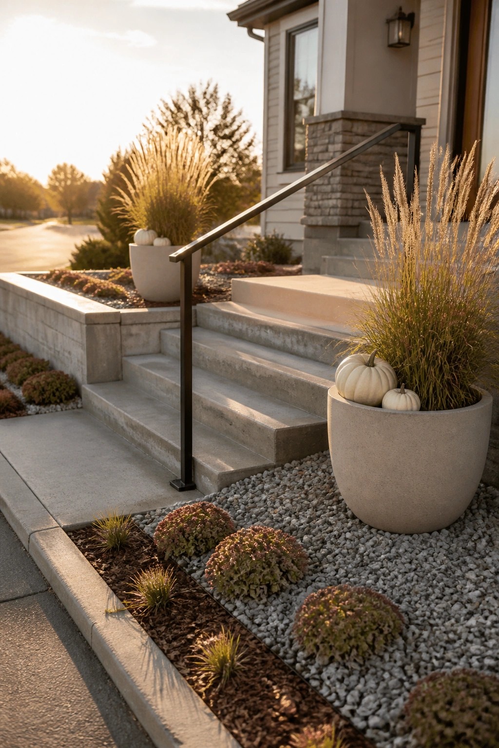 Concrete steps with black railing, large planters of white pumpkins and grasses at sunset