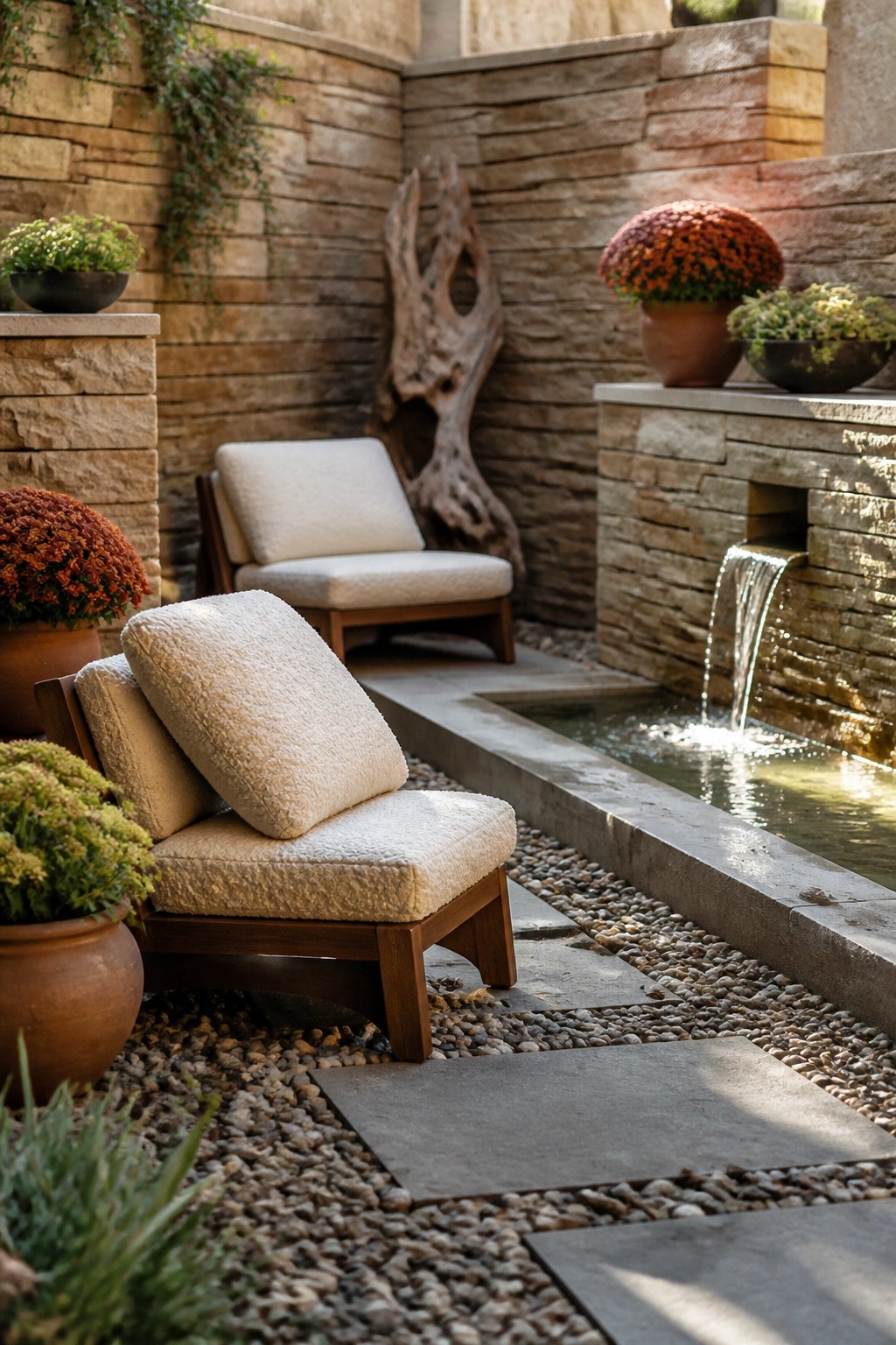 Outdoor courtyard with two neutral upholstered wooden chairs, a stone water fountain, terracotta pots with flowers, and gravel with stone pavers.
