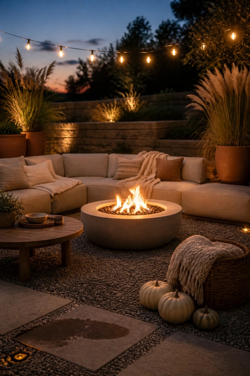 An outdoor patio with a round concrete fire pit centered among a large neutral sectional sofa, string lights above, and small white pumpkins on the gravel ground.