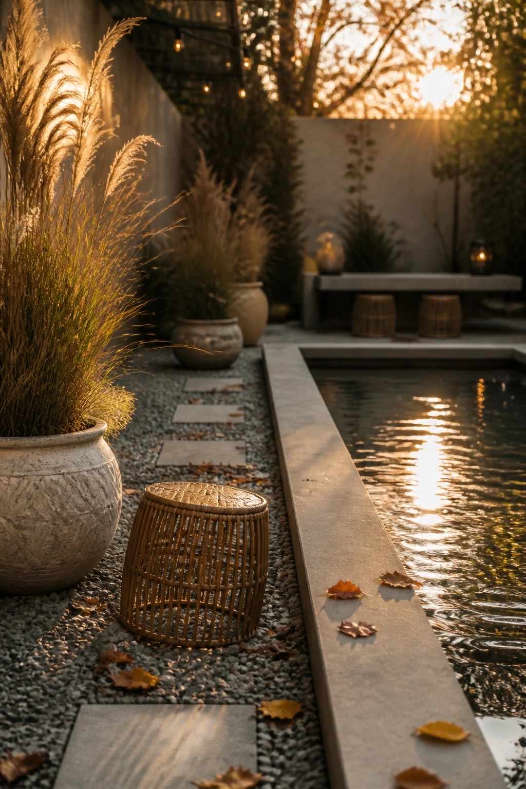 A modern pool area with a woven rattan stool on gravel beside large potted ornamental grasses, stone pavers, scattered autumn leaves, and a concrete bench in the background at sunset.