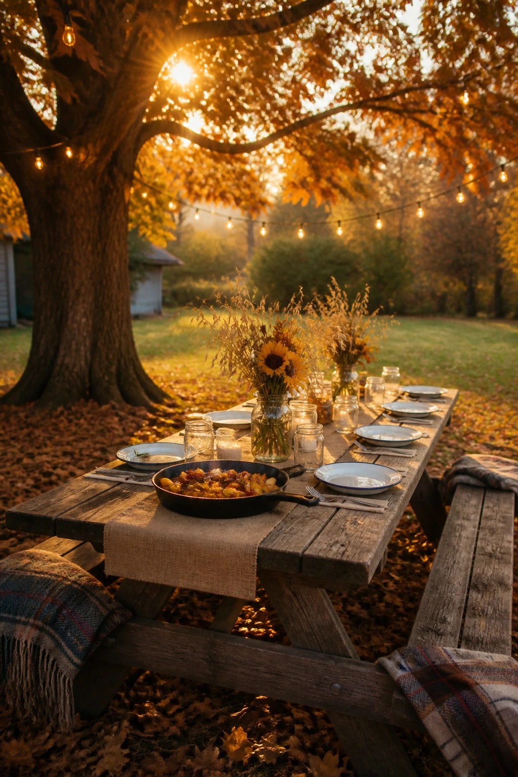 A wooden picnic table outdoors is set with white plates, a black cast iron skillet, mason jars, and sunflower bouquets on a burlap runner, surrounded by autumn leaves and string lights.