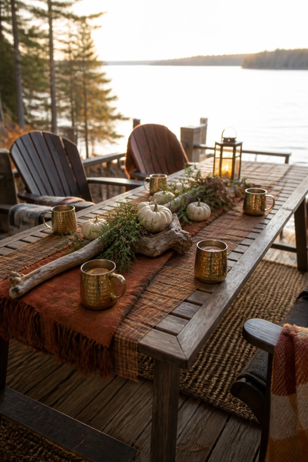 A wooden outdoor table on a deck is set with a plaid runner, white pumpkins, greenery, and copper mugs overlooking a lake.