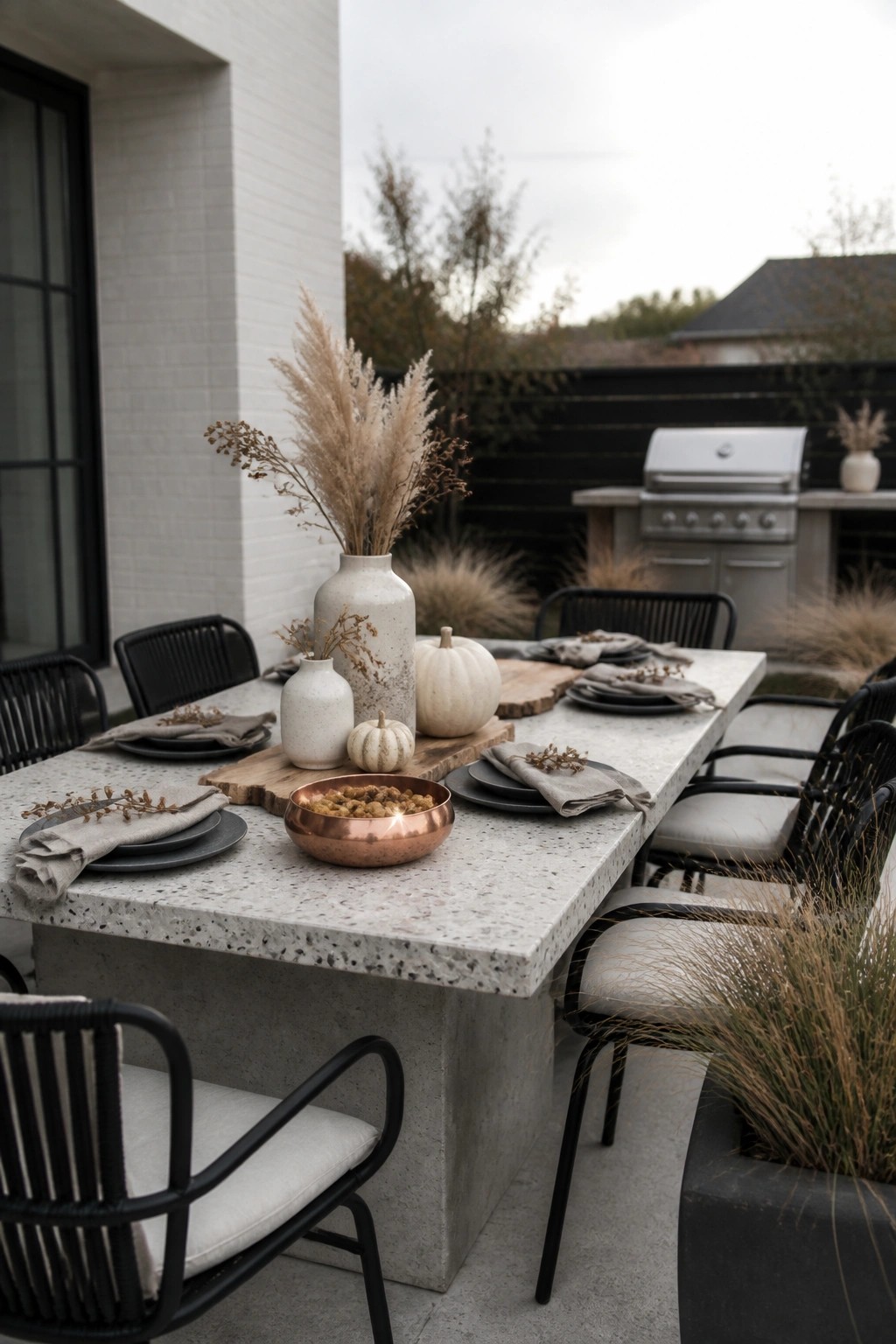 A long concrete outdoor dining table set with black plates, gray napkins, white ceramic vases holding dried pampas grass, small white pumpkins, and a copper bowl on a patio.