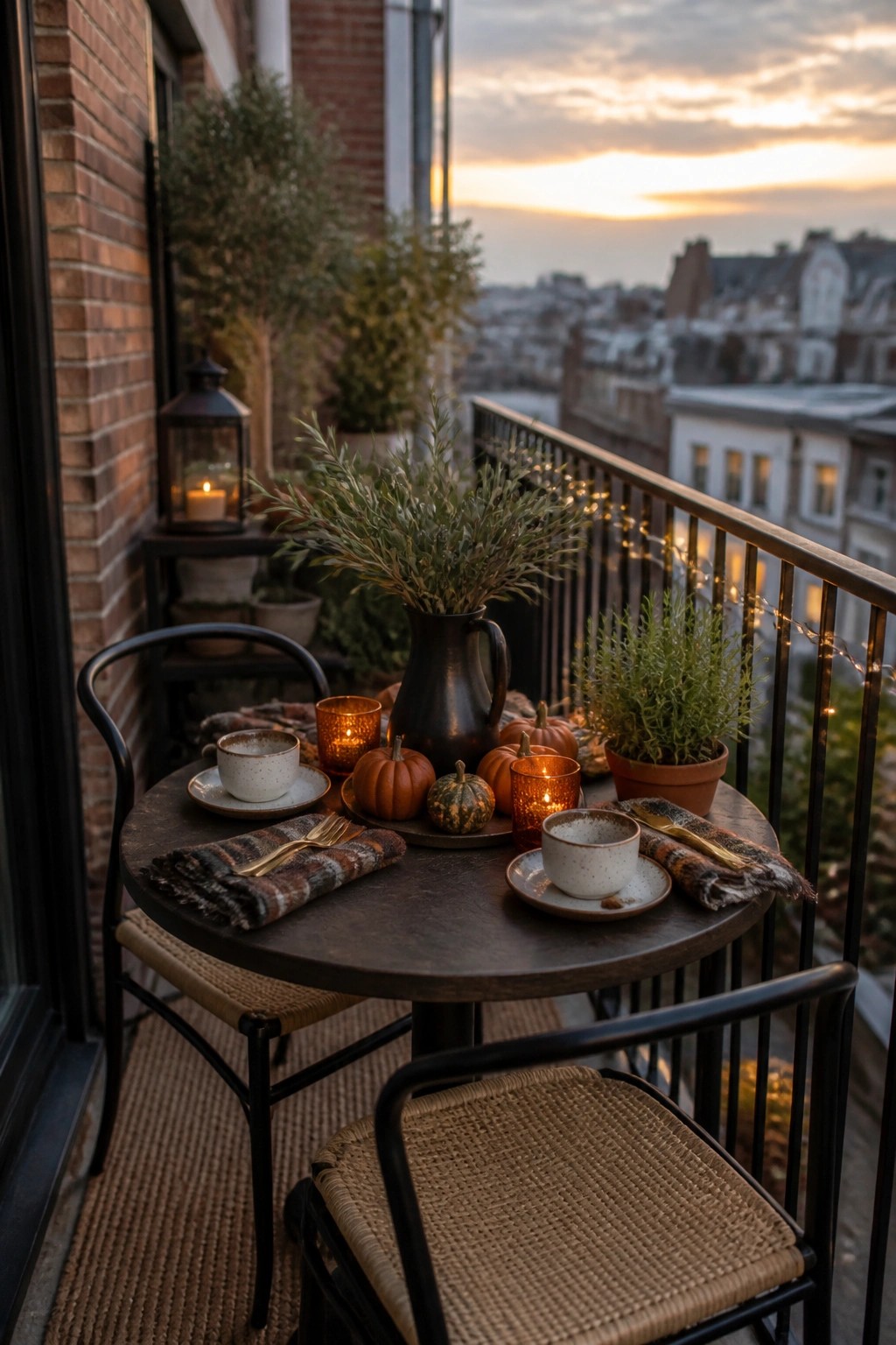 A round wooden table on a balcony holds two speckled cups on saucers, several small pumpkins, lit candles in glass holders, and a dark pitcher filled with greenery, with woven chairs and string lights nearby.