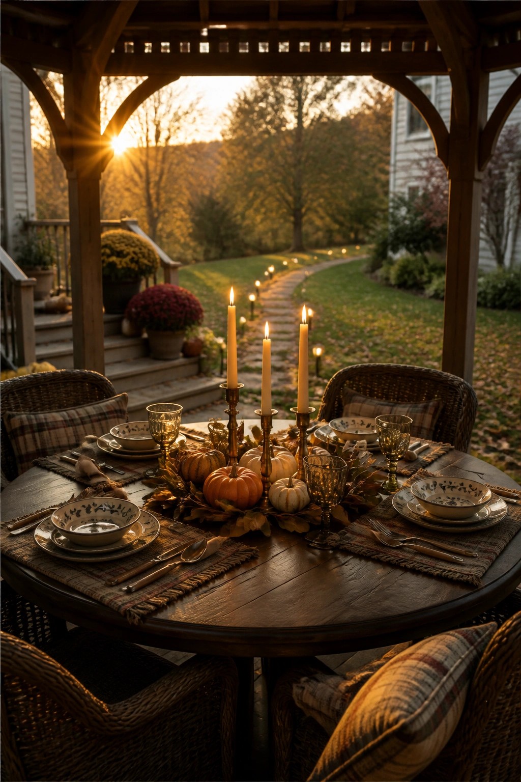 A round wooden dining table set with plates, glasses, and three lit candles, surrounded by small pumpkins and autumn leaves under a wooden pergola at sunset.