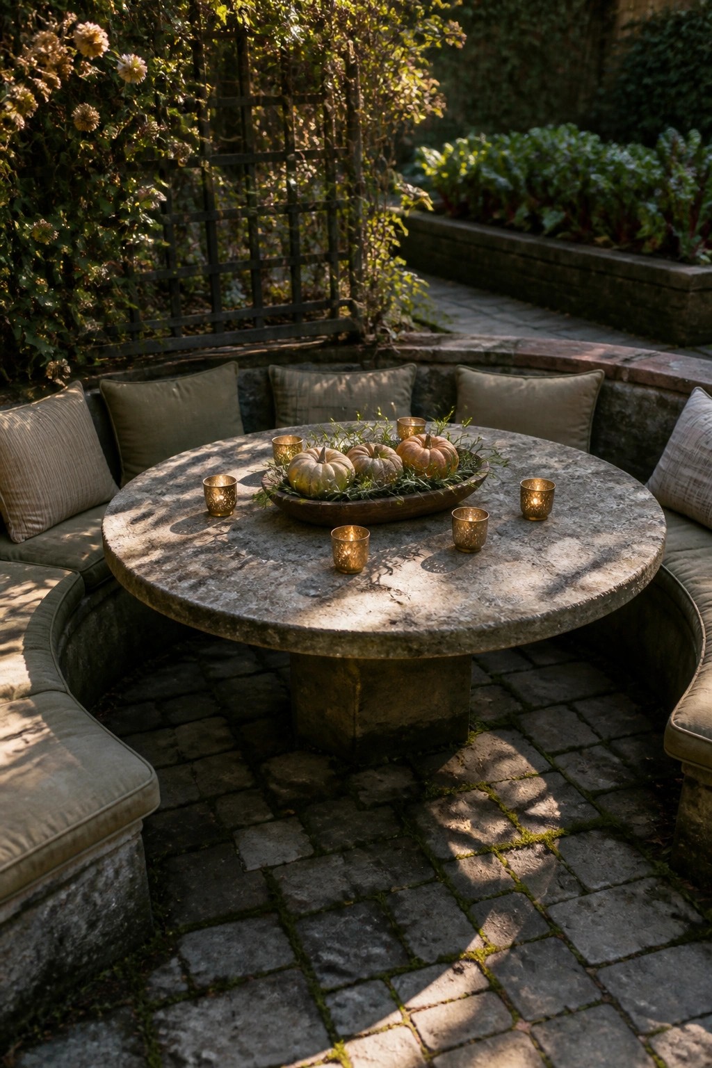 Round stone table with pumpkin centerpiece and candles on cushioned garden patio bench