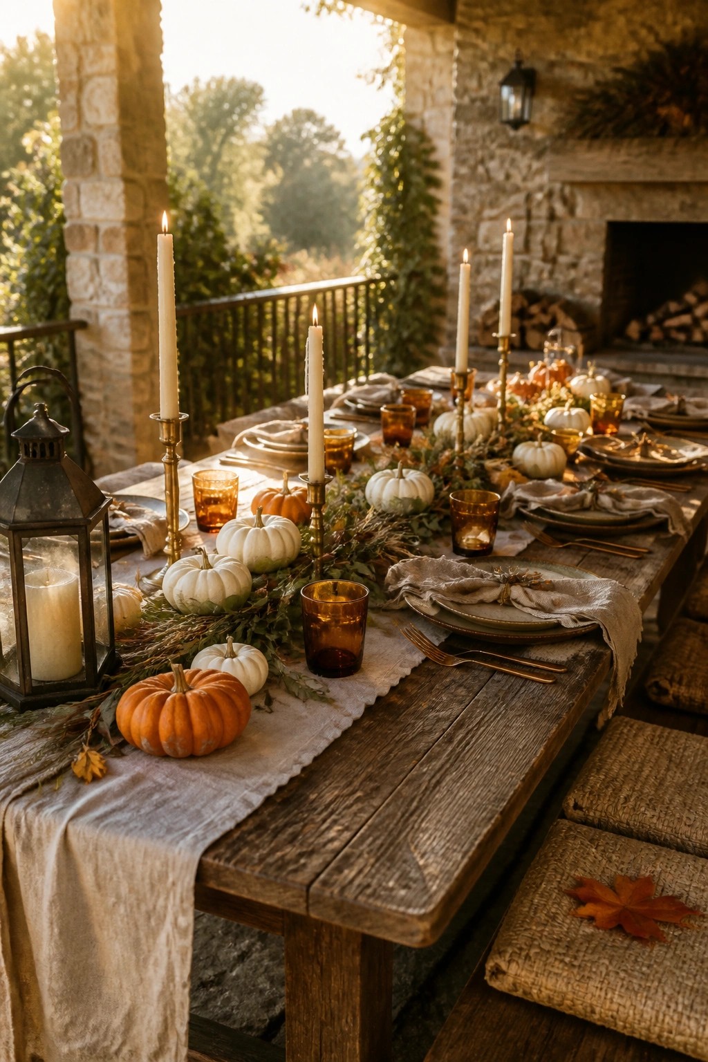 A long rustic wooden table outdoors is set for a meal with white and orange pumpkins, lit taper candles, amber glassware, and greenery arranged along a linen runner.