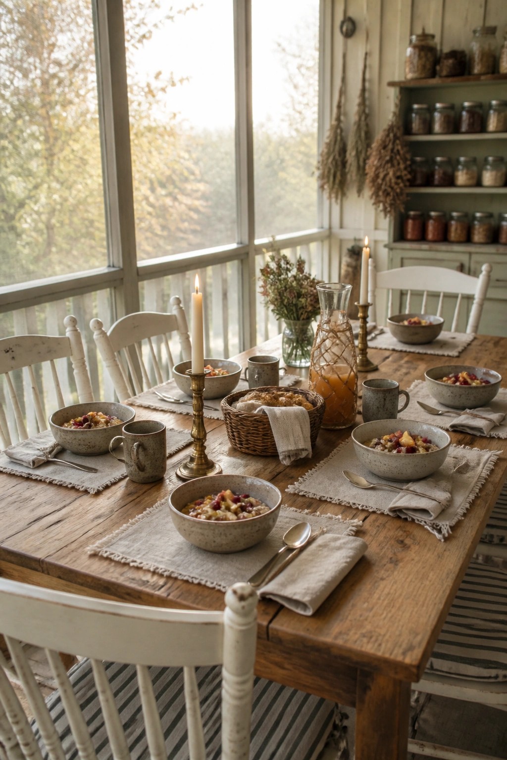 A wooden dining table set with ceramic bowls, linen placemats and napkins, candles, and a woven bread basket in front of large windows.