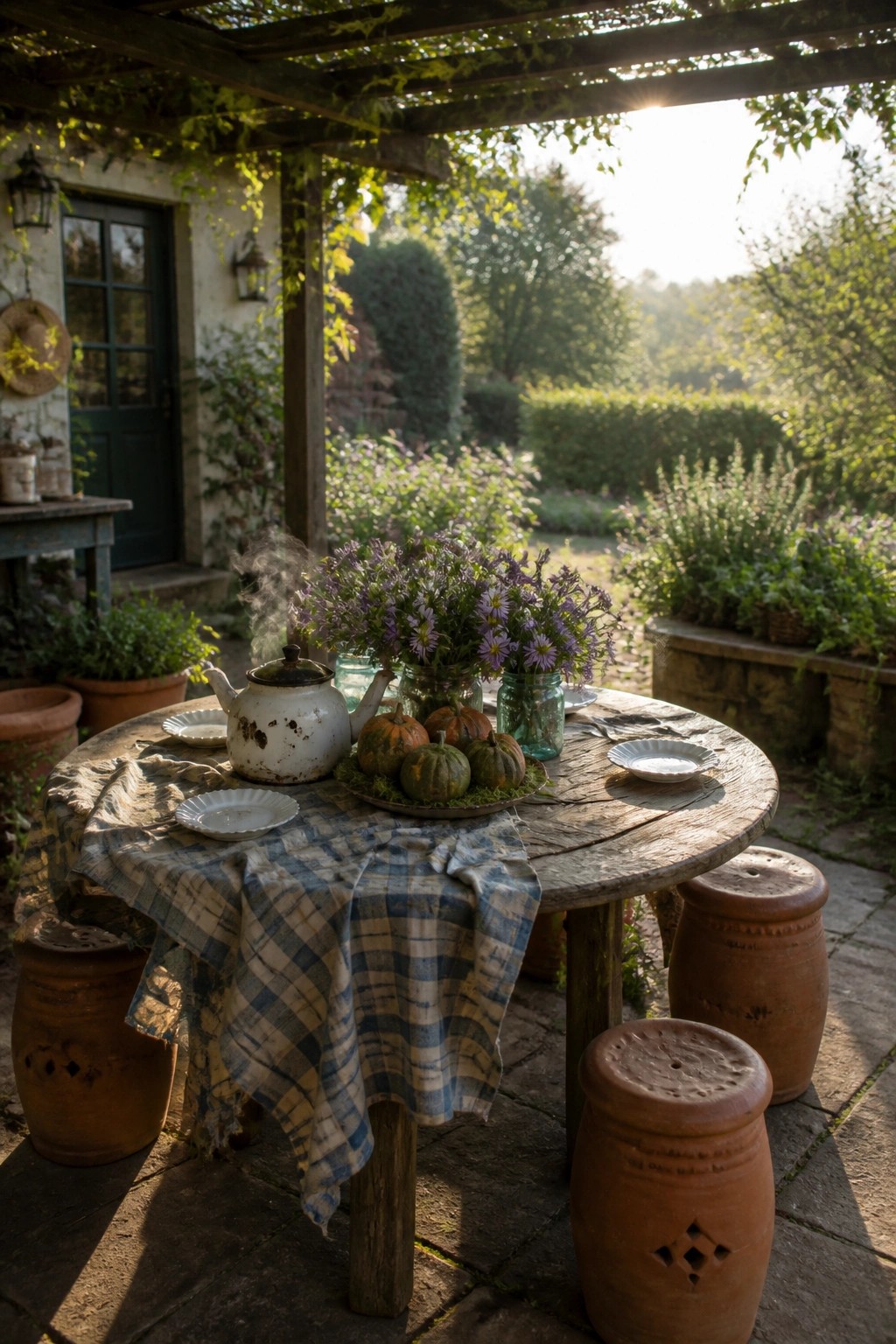 A round wooden table on a stone patio covered with a blue plaid cloth, holding a white teapot, small pumpkins on a tray, and jars of purple flowers, surrounded by terracotta stools under a wooden pergola.