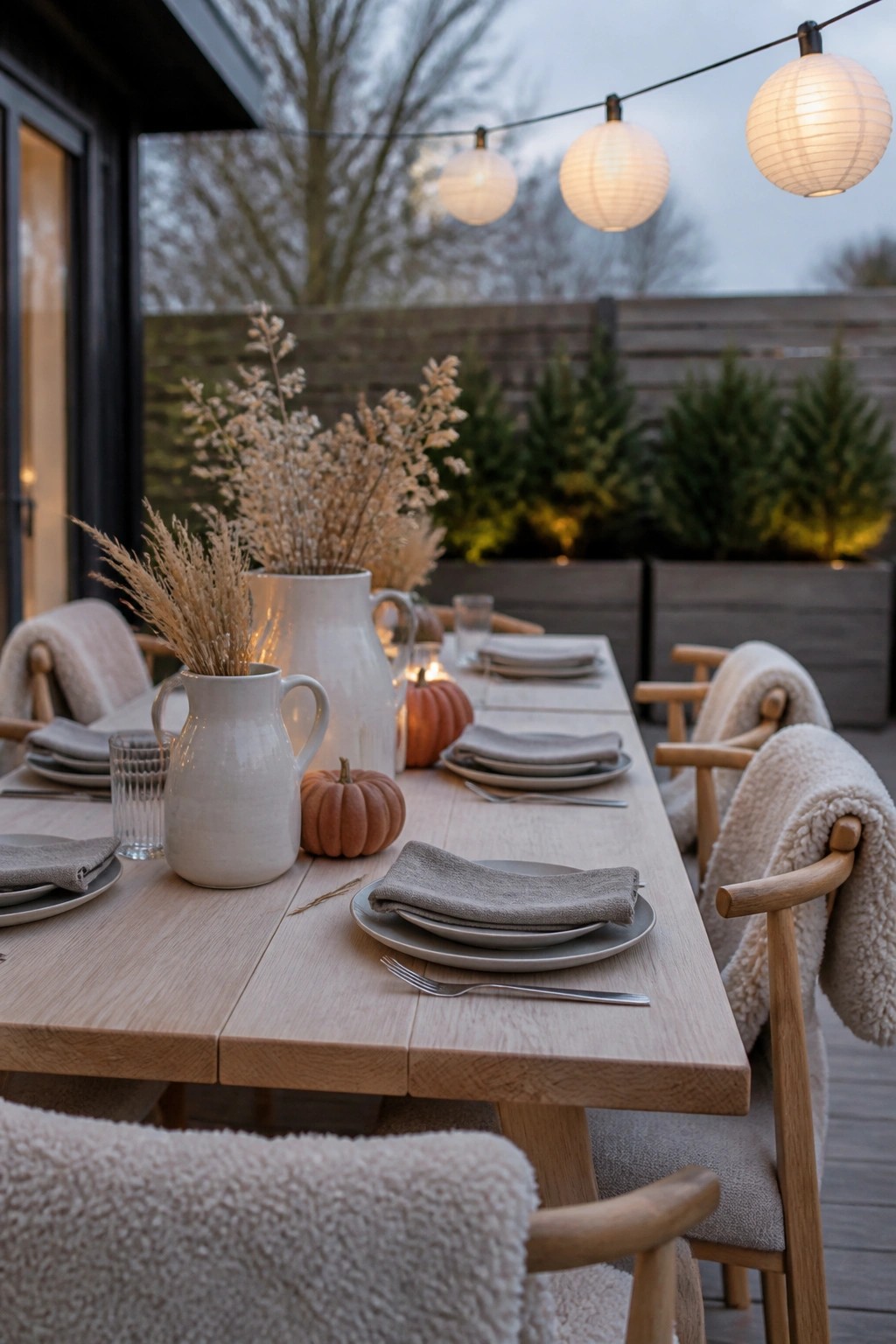 A long wooden outdoor dining table set with stacked gray napkins and white plates, white ceramic pitchers holding dried grasses, small orange pumpkins, and string lights overhead at dusk.