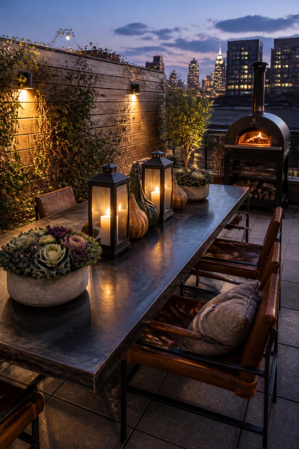 A long outdoor dining table on a rooftop terrace holds several black metal lanterns with lit candles, surrounded by gourds and a potted ornamental kale plant, with leather chairs and a pizza oven visible.