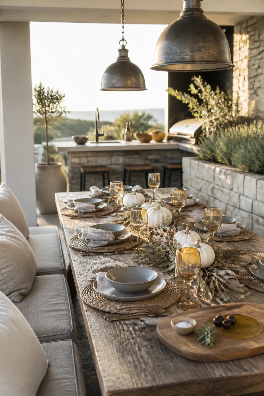 Outdoor wooden dining table set with white pumpkins, autumn leaves, woven placemats, and glassware on a stone patio.