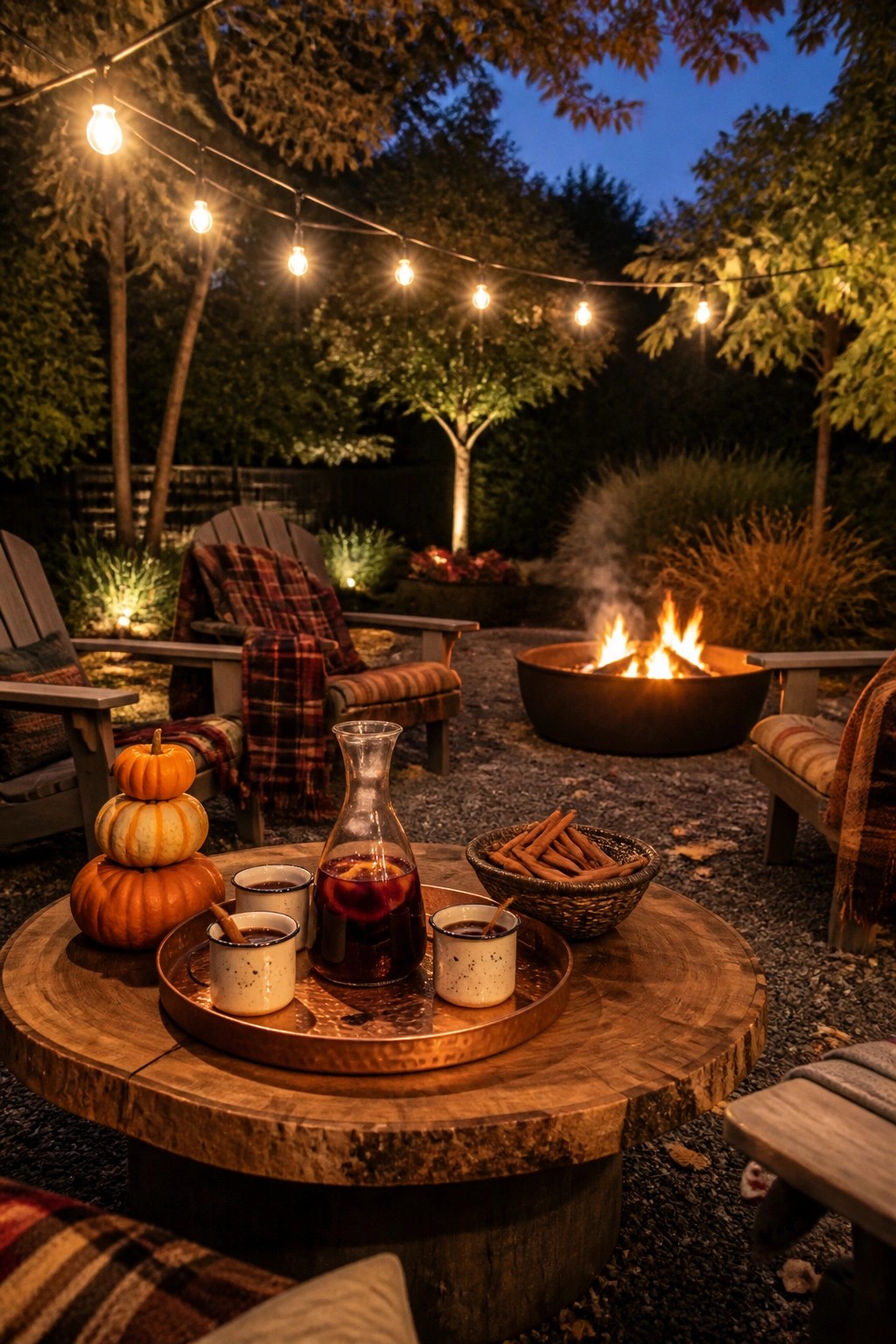 An outdoor seating area at dusk features a round wooden table with a hammered tray holding a glass carafe and enamel mugs, stacked pumpkins on the tray, a bowl of cinnamon sticks, and a fire pit in the background with string lights overhead.