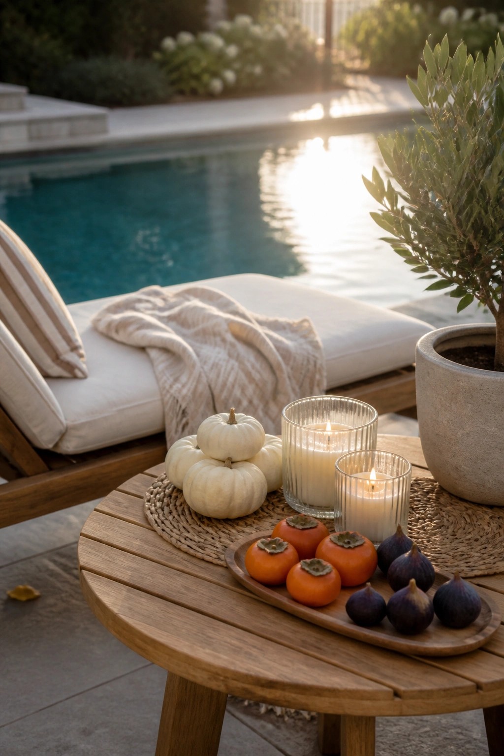 A round wooden table on a pool deck holds small white pumpkins, two lit candles in ribbed glass holders, a wooden tray of persimmons and figs, and woven placemats, with a lounge chair and potted olive tree nearby.