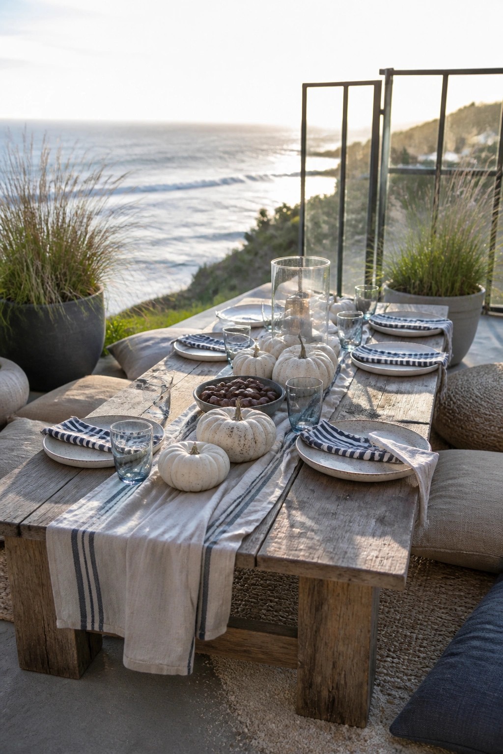 A rustic wooden table set with white pumpkins, plates, glasses, and a striped runner, surrounded by floor cushions on an outdoor patio overlooking the ocean.