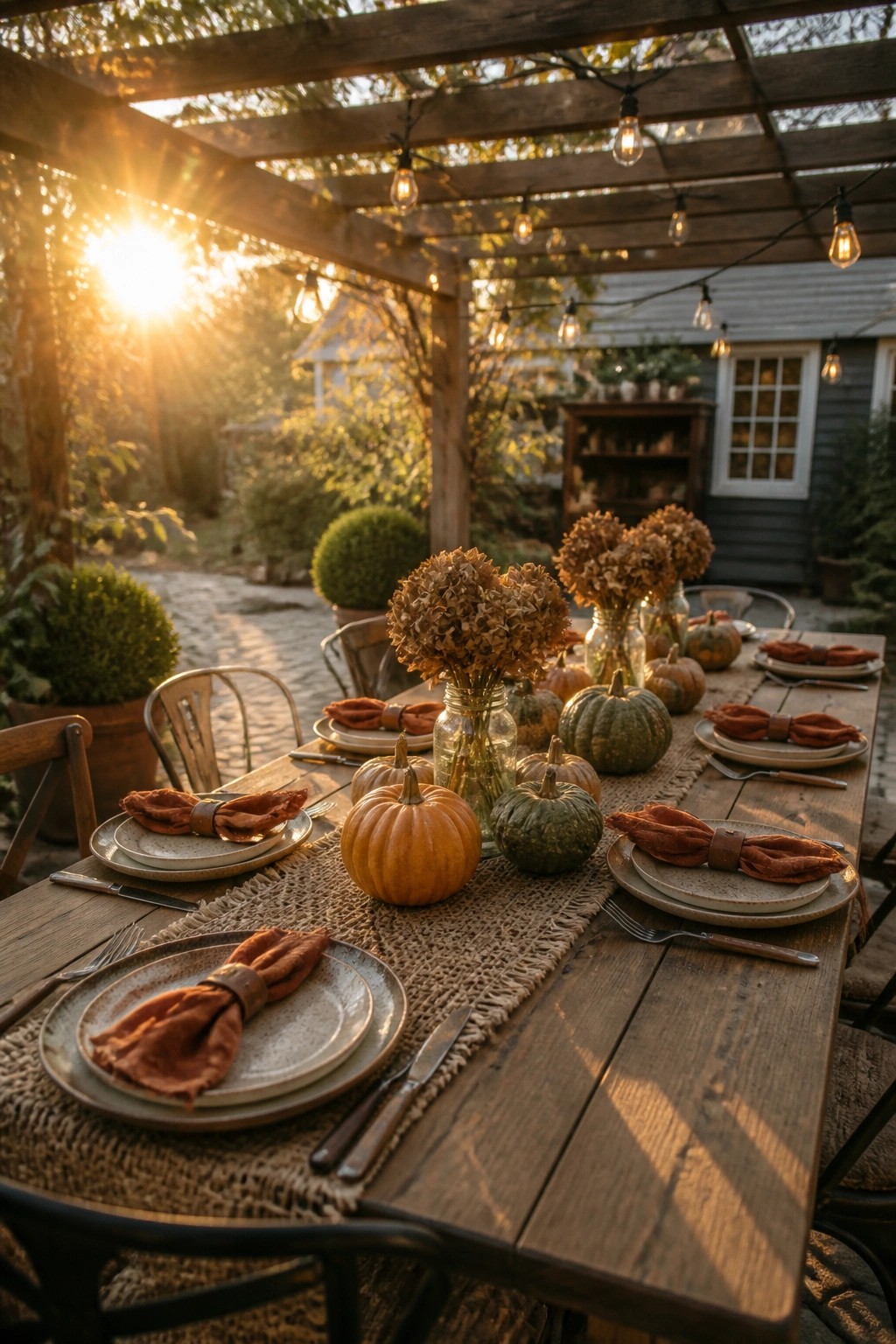 A wooden outdoor dining table set for a meal with ceramic plates, rust-colored napkins, small pumpkins, and glass jars of dried flowers under a pergola strung with lights.