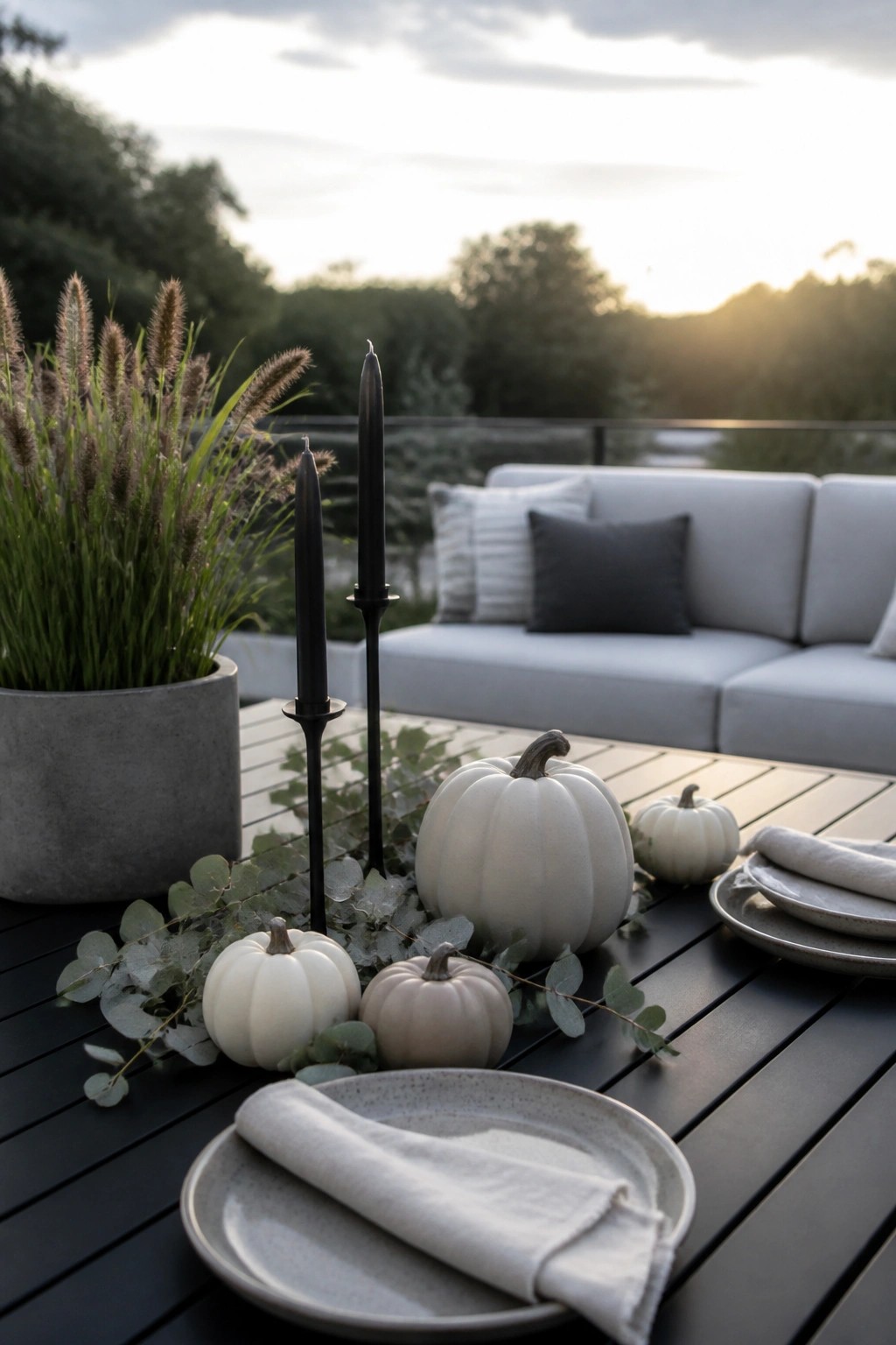 Outdoor table on a dark wood deck with white pumpkins, black taper candles, eucalyptus, gray plates, and a light gray sofa in the background at dusk.