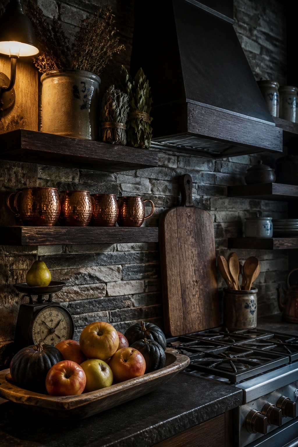 A rustic kitchen with dark wooden floating shelves holding hammered copper mugs, ceramic jars, and dried herbs above a stone backsplash and a counter with a bowl of apples and gourds next to a gas stove.