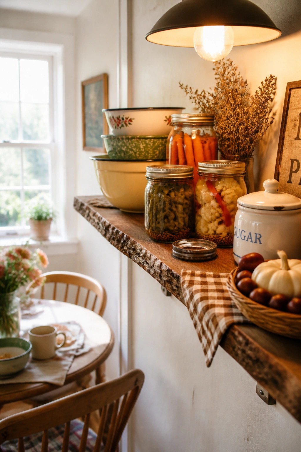 Rustic wooden shelf with mason jars of pickles, bowls, sugar canister, and gourd basket