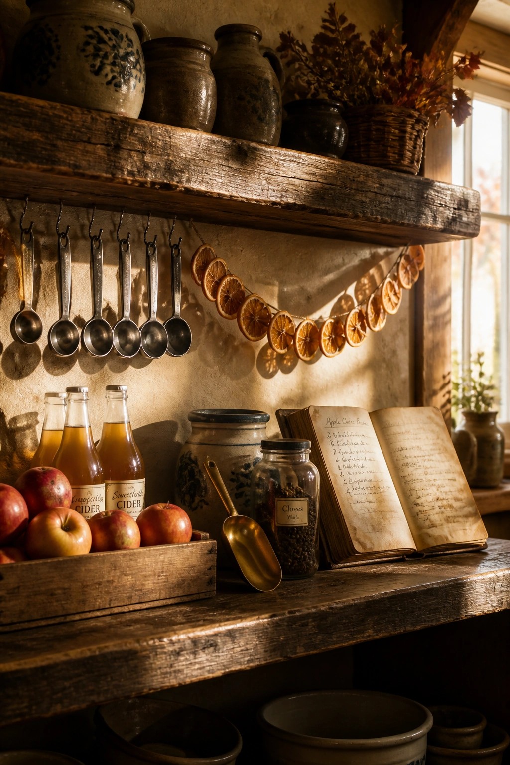 A rustic wooden floating shelf in a kitchen holds hanging dried orange slices, metal spoons, a wooden crate of apples, glass cider bottles, a jar of cloves, and an open handwritten recipe book.