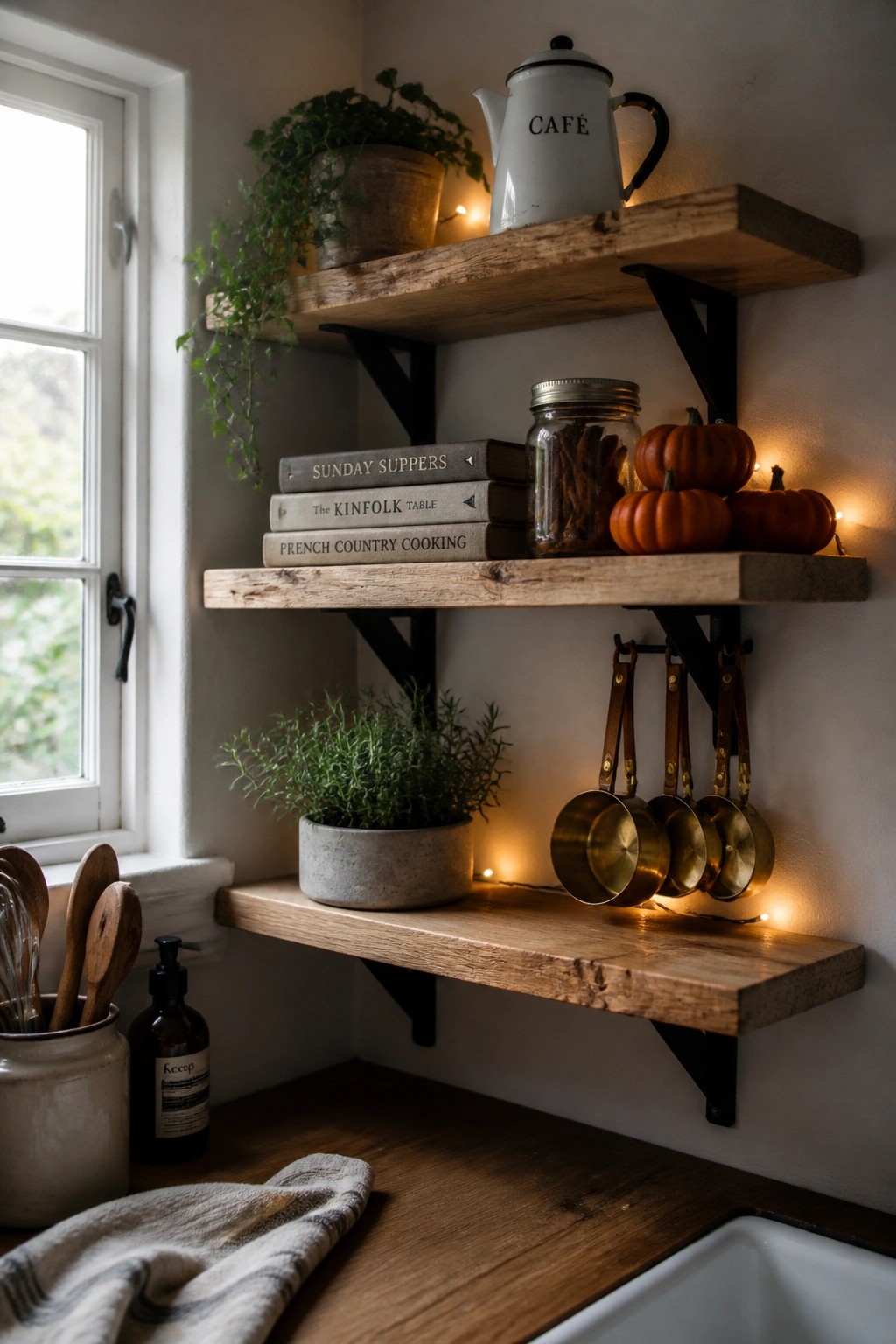 Rustic wooden kitchen shelves with cookbooks, pumpkins, plants, and hanging measuring cups