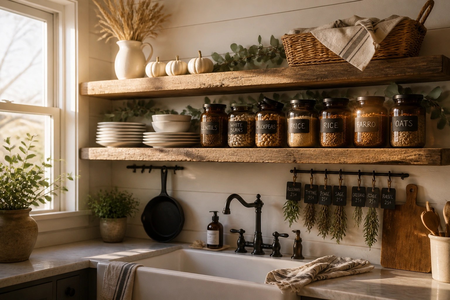 Rustic kitchen interior with two wooden floating shelves holding stacks of white plates and labeled glass jars of beans, chickpeas, lentils, farro, and oats above a white farmhouse sink with black faucet.