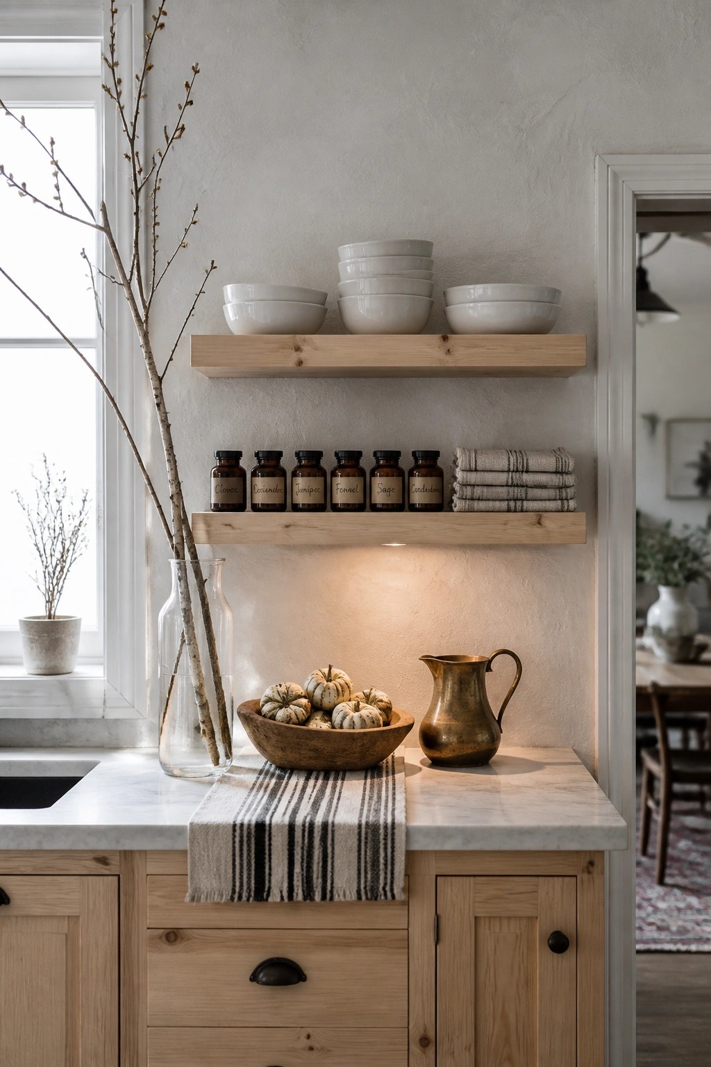 A kitchen with two light wood floating shelves displaying stacked white bowls, labeled amber glass jars, and folded towels above a marble countertop holding a wooden bowl of small pumpkins, a brass pitcher, and a striped runner.