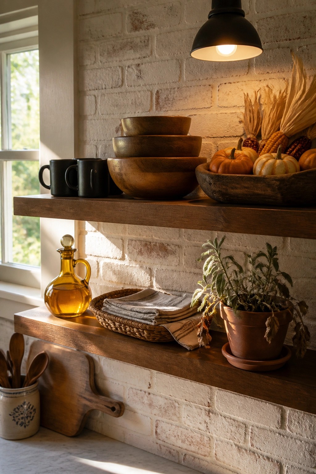 Two wooden floating shelves on a white brick wall hold stacked wooden bowls, black mugs, a tray of pumpkins and corn on the top shelf, and an amber oil bottle, woven basket, and potted plant on the lower shelf.