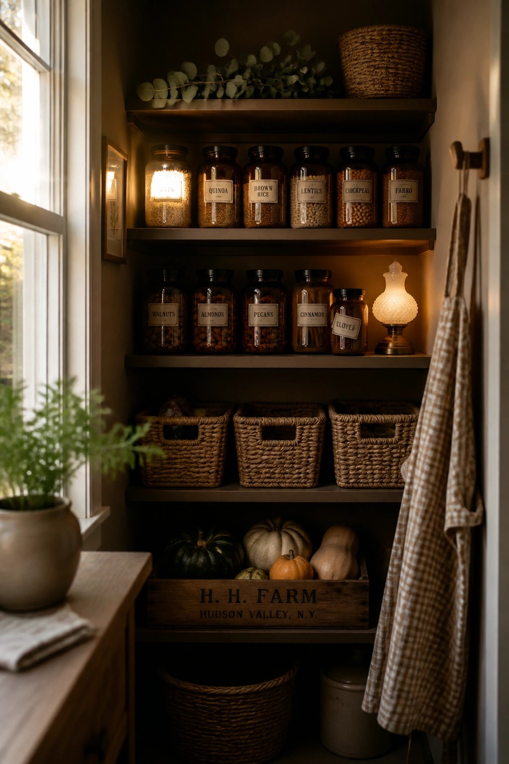 Wooden floating shelves hold rows of amber glass jars with white labels, woven baskets, a small lamp, and a wooden crate of squash beneath them.
