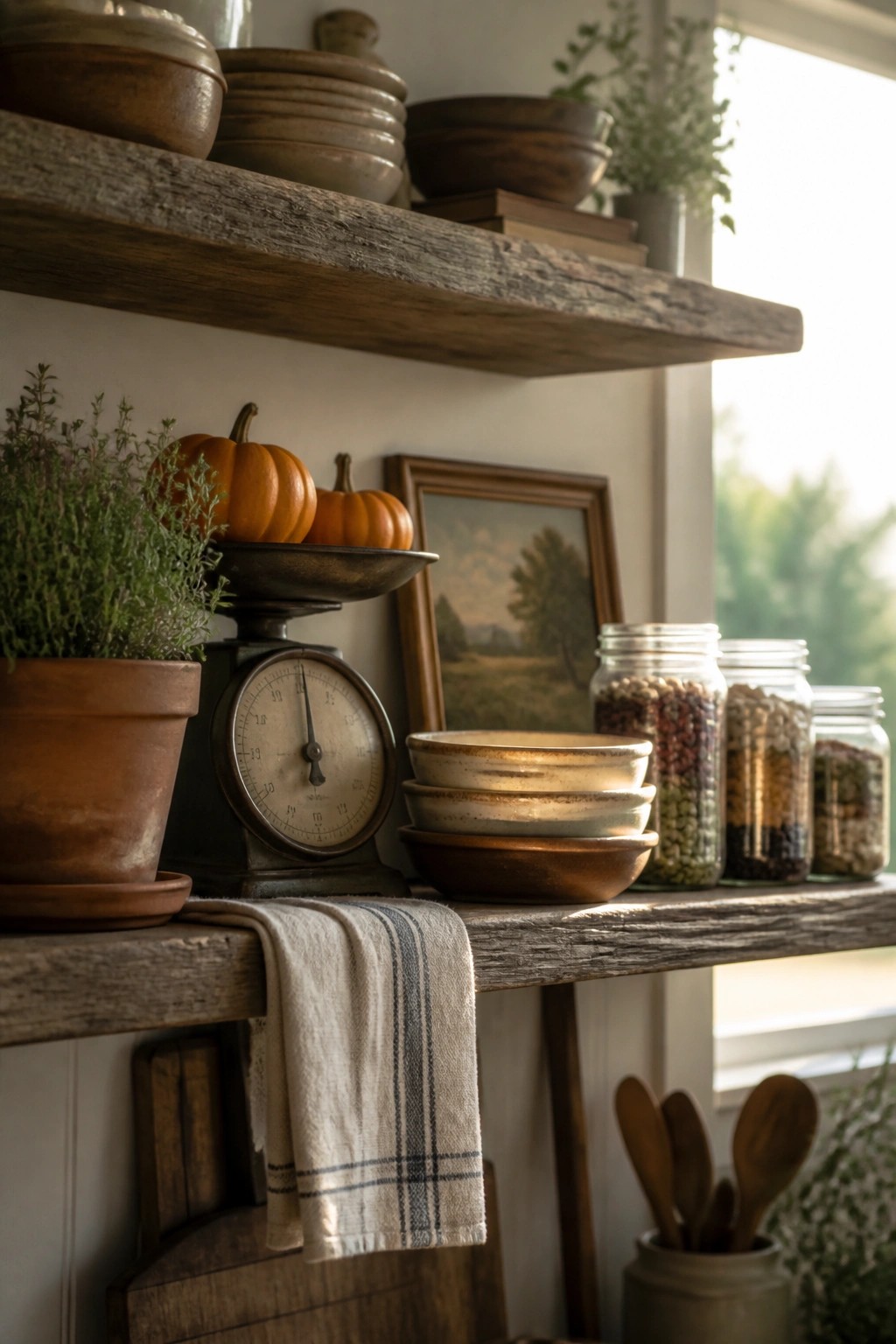 Rustic wooden floating shelves holding stacked bowls, a vintage kitchen scale with small pumpkins, a potted herb, glass jars of beans, and a framed landscape picture.