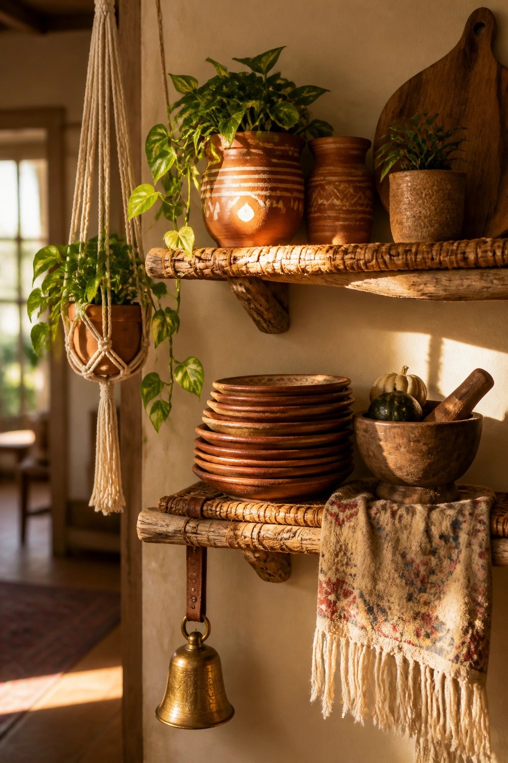 Rustic wooden floating shelves with woven edges hold stacked terracotta bowls, a wooden mortar and pestle with small gourds, a patterned fringed cloth, and potted plants in a sunlit interior.