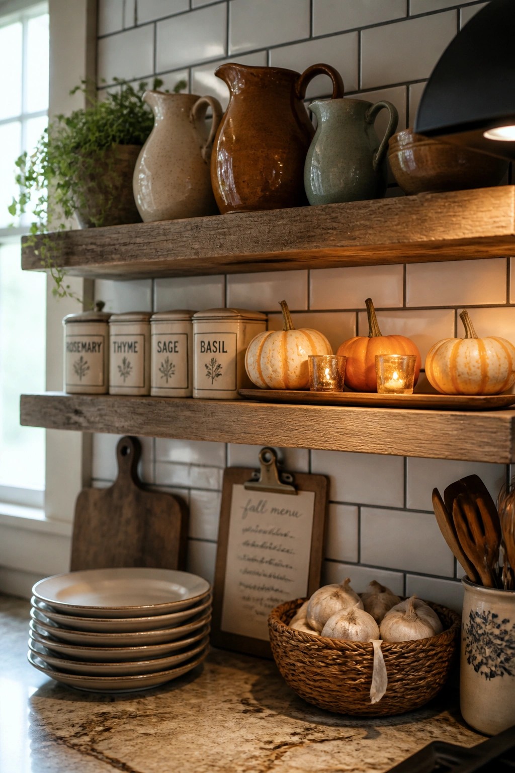 Two rustic wooden floating shelves on a white tile backsplash display ceramic pitchers, small pumpkins, lit candles, and labeled herb canisters.
