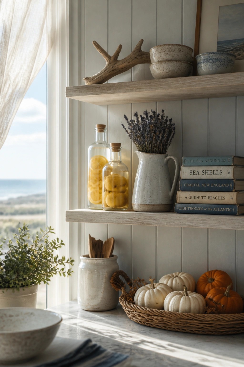 Coastal shelves with lemon bottles, lavender pitcher, nautical books, and pumpkin basket