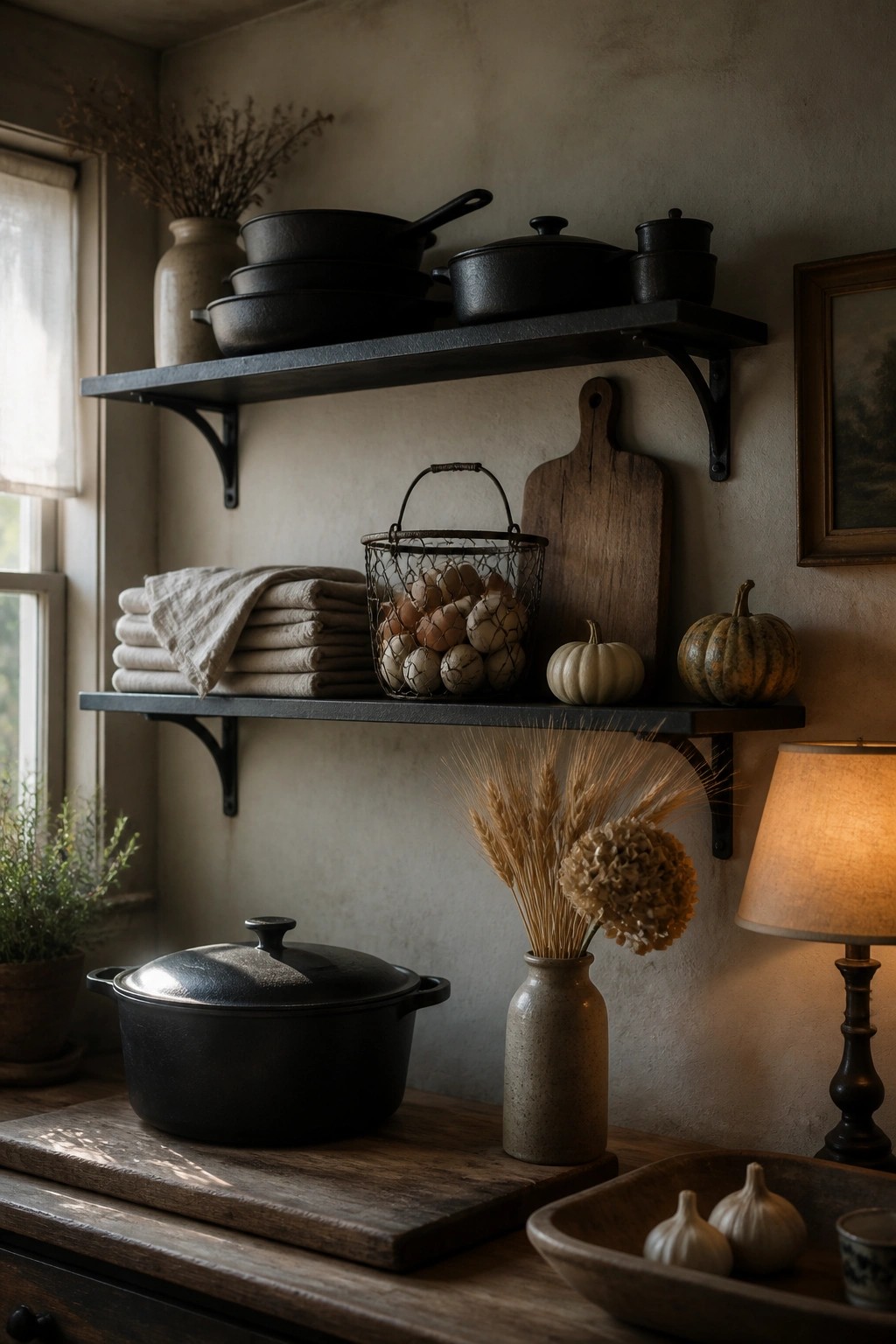Black floating shelves in a rustic kitchen hold cast iron pots, stacked linens, a wire basket of eggs, wooden cutting boards, and small pumpkins, with a vase of dried wheat and a lamp on the wooden counter below.