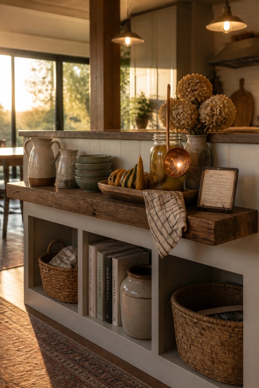 A rustic wooden shelf displays pottery, stacked bowls, books, woven baskets, and dried flowers with open storage underneath.