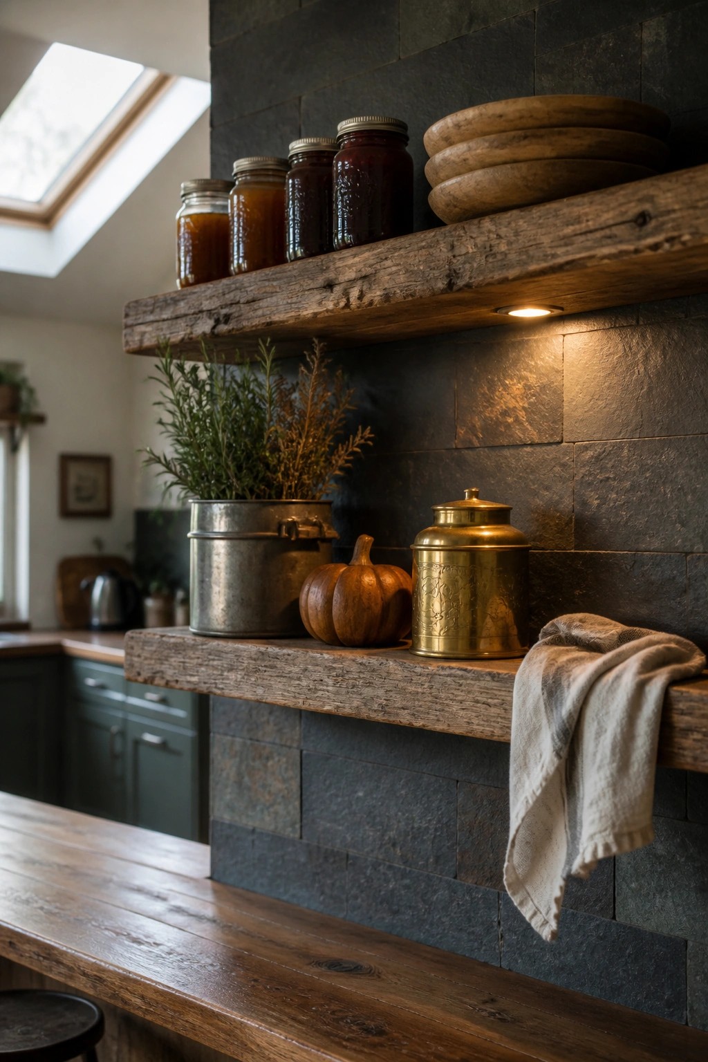 Two rustic wooden floating shelves on a dark stone wall hold glass jars of preserves, stacked wooden bowls, potted herbs, a small pumpkin, a brass container, and a linen cloth.